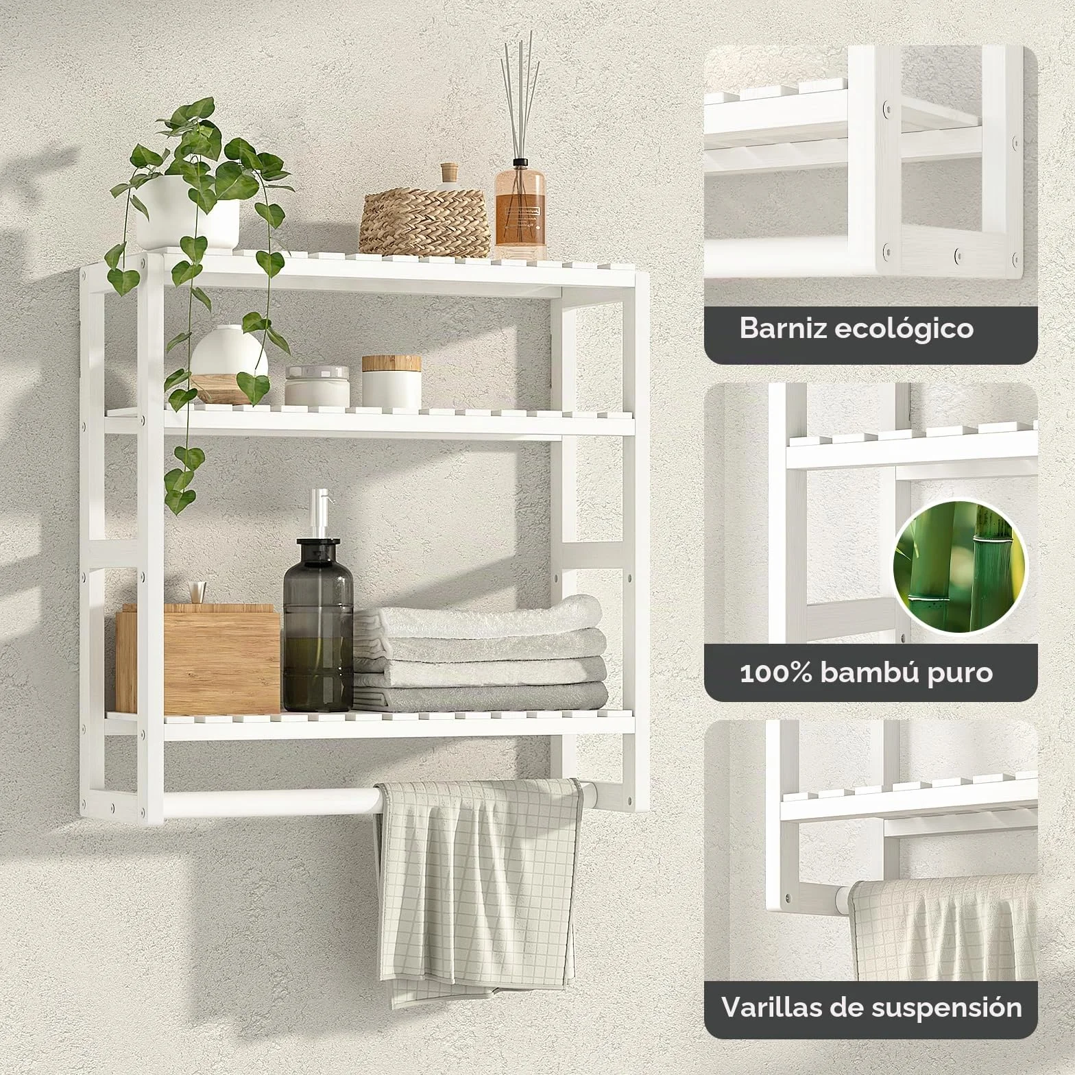 Bamworld Estantería Baño Pared 3 Niveles Bambú Ajustable Organizador Ahorrar Espacio