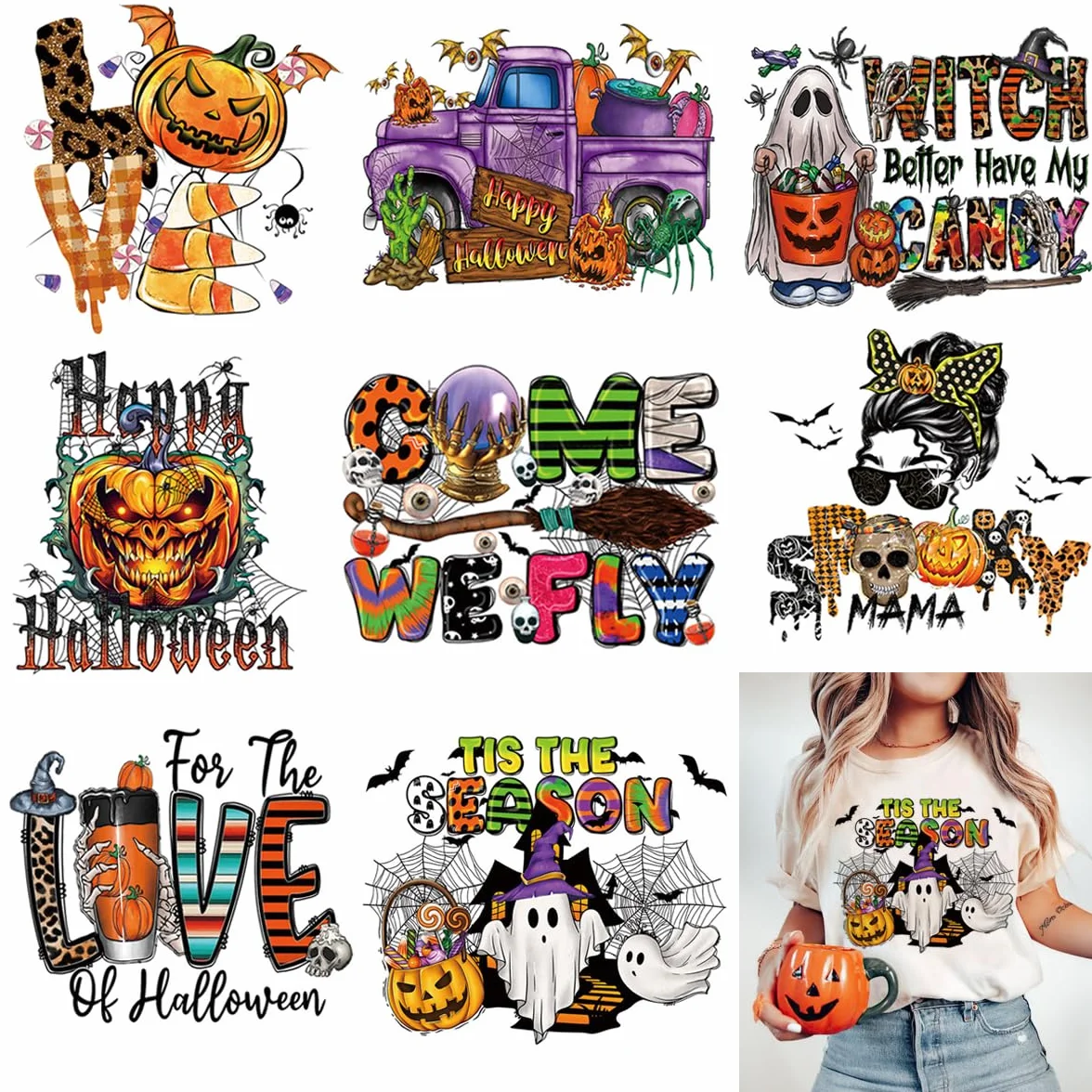 8 hojas de parches termoadhesivos para planchar de Halloween, calavera, calabaza, murciélago, araña, lindo fantasma, calcomanías de transferencia de calor para ropa, camisetas, manualidades,
