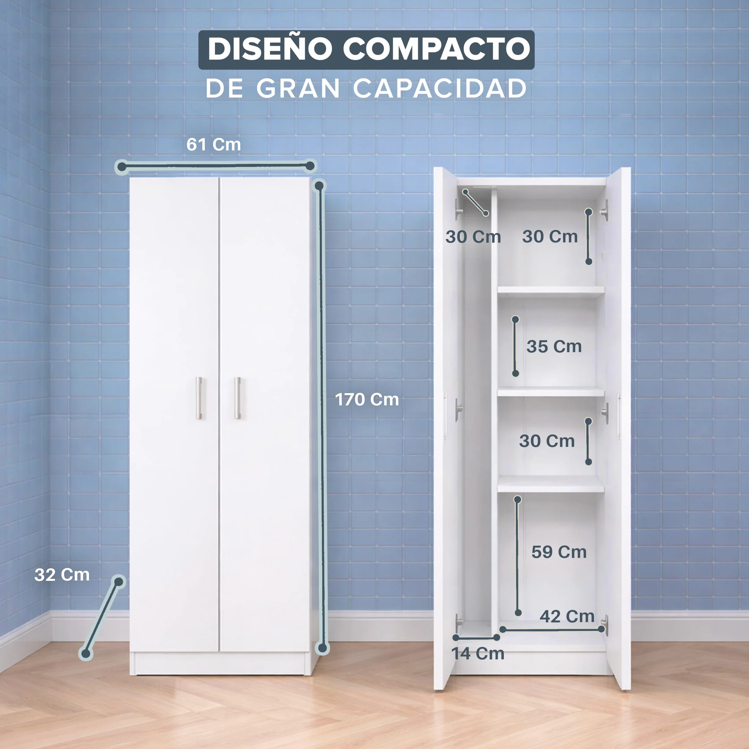 Marctani Armario Escobero Interior Blanco - Mueble Escobero Multiusos con Estante Central Regulable - Capacidad 15kg por Estante - Armario de Limpieza para Despensa o Lavadero