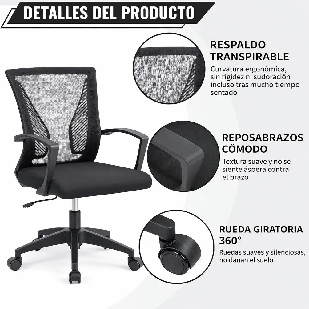 Silla de Oficina Ergonómica con Ruedas Giratorias y Soporte Lumbar, Respaldo de Malla Transpirable, 150kg