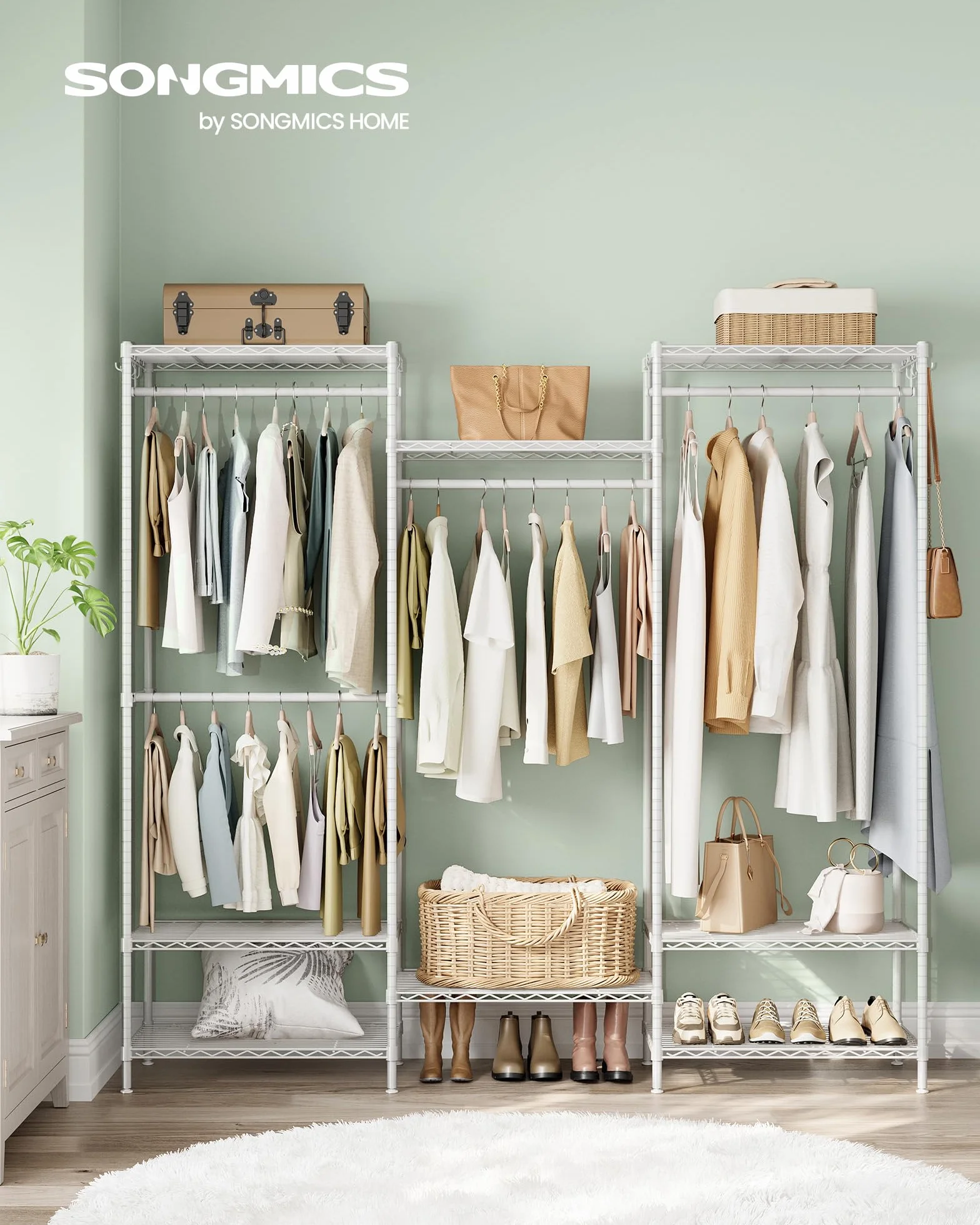 SONGMICS Armario de Ropa, Armario de Metal con Estantes Ajustables, Barras para Colgar y Ganchos, Duradero, Perchero Separable, Blanco Nube LGR431W01