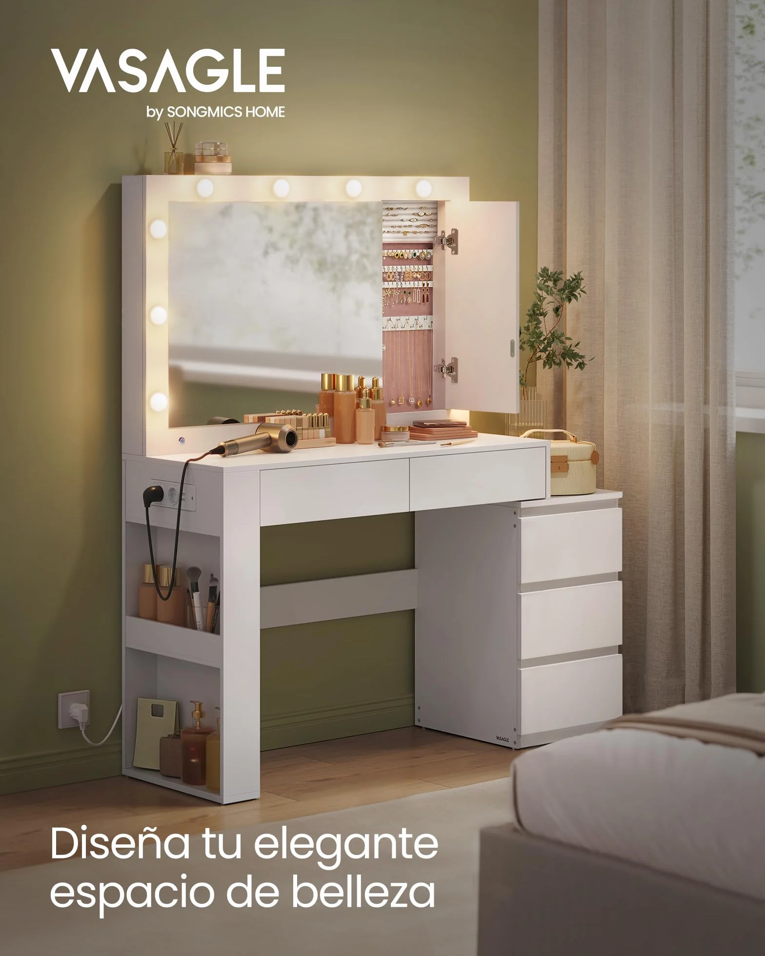VASAGLE Tocador con Iluminación LED Mesa de Maquillaje 40x125x140 cm Blanco Nube