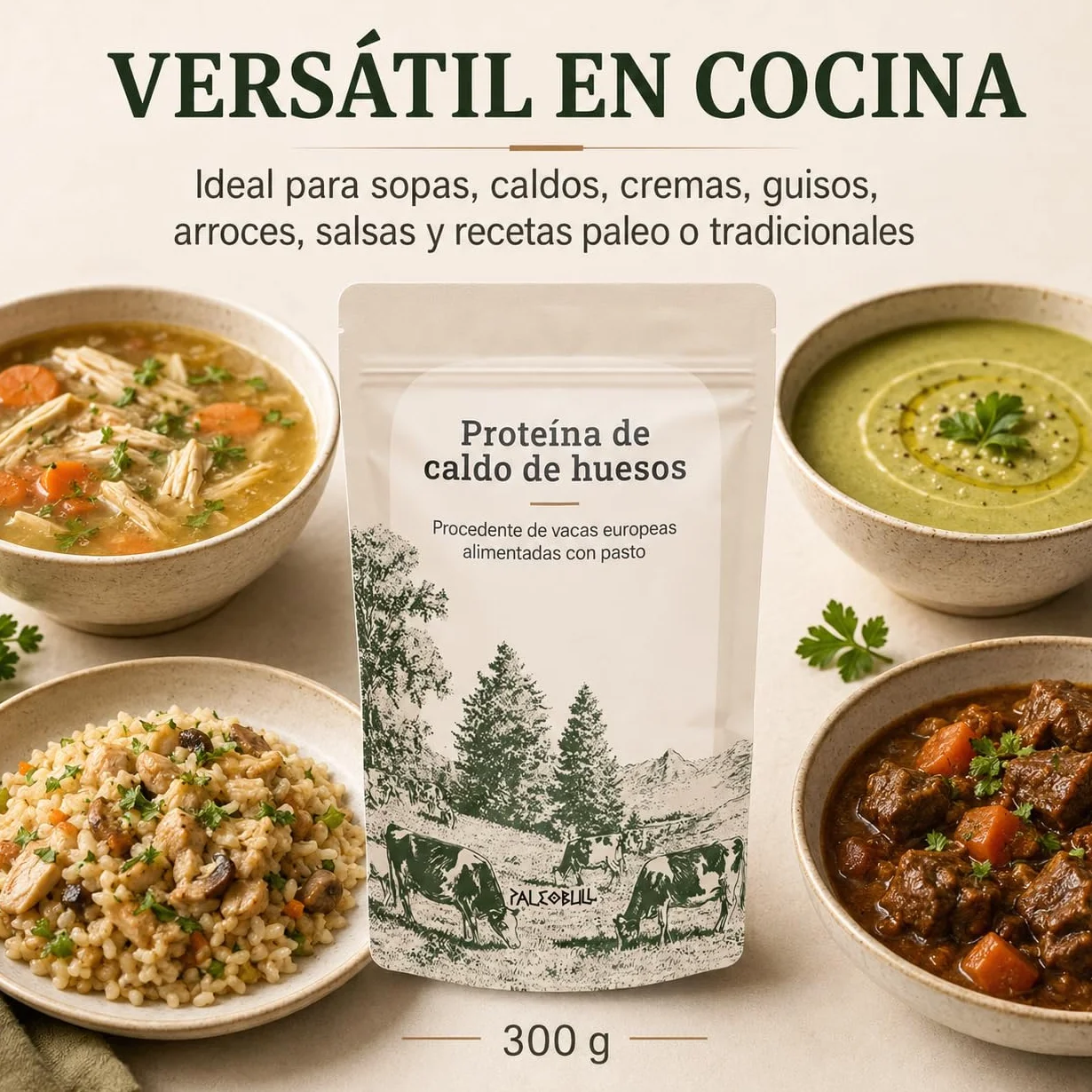 Paleobull Proteína de Caldo de Huesos 300 g, Bone Broth en Polvo de Bovino Alimentado con Pasto