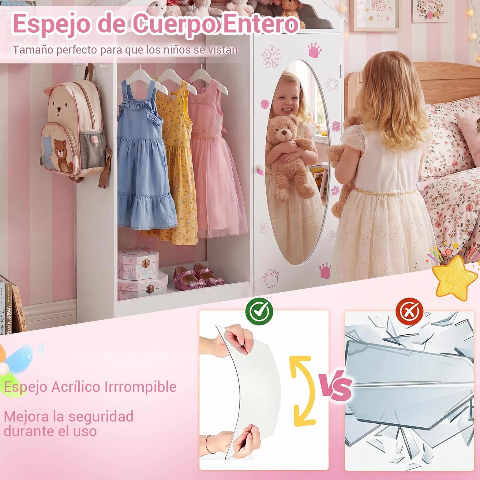 COSTWAY Armario Infantil con Espejo, Tejado y Barra Colgante Organizador Dormitorio (Blanco)