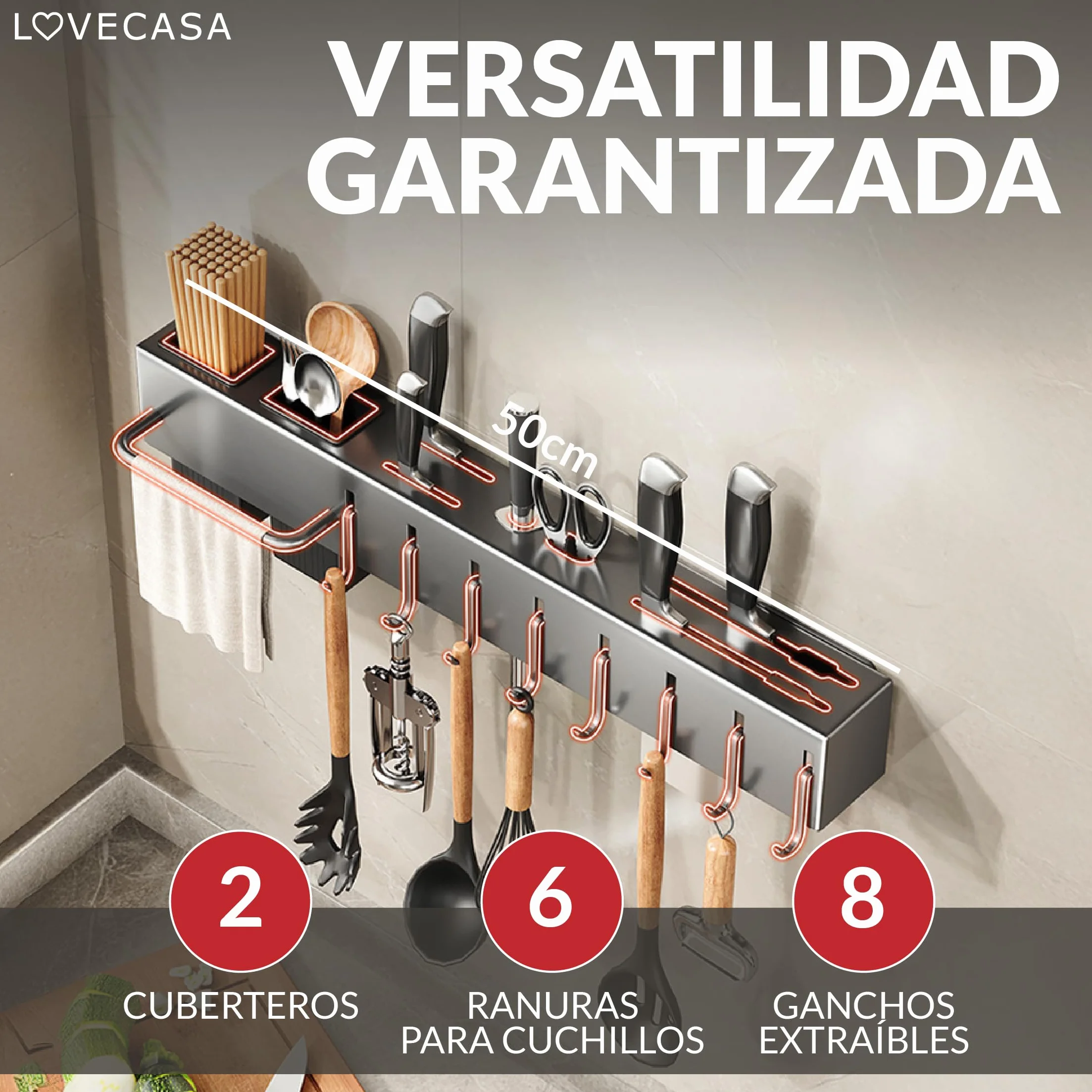 Organizador de cocina - cuchillero de pared - soporte para utensilios de cocina con ganchos y portacubiertos - organizador multifuncional ahorra espacio