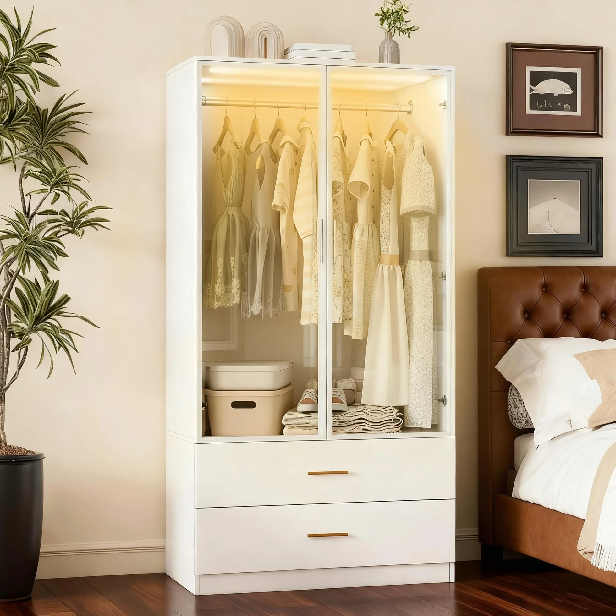 Armario moderno blanco con luz LED y puertas de vidrio 80x50x175 cm MDF