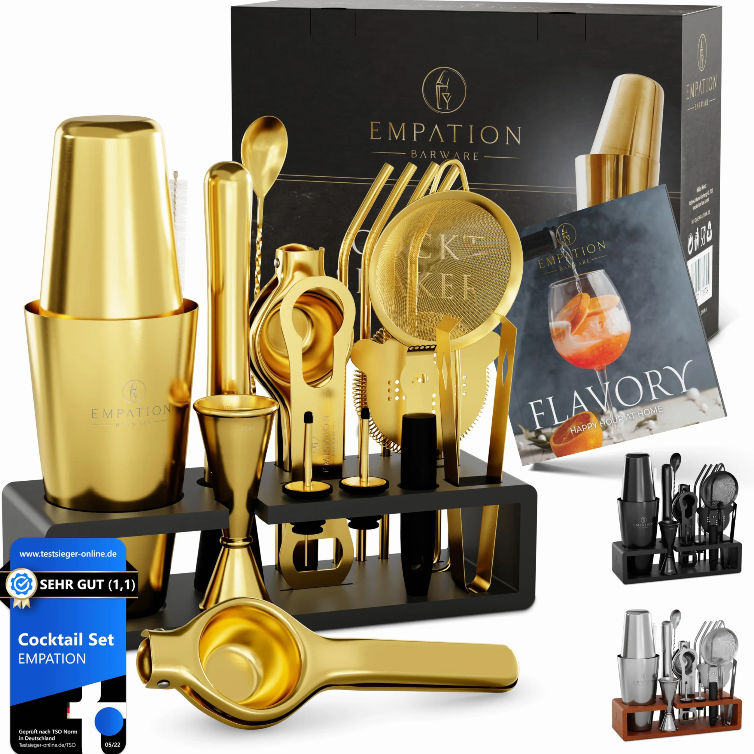 EMPATION Juego de cóctel dorado [ganador de la prueba] 825 ml Boston Cocktail Shaker de acero inoxidable, fácil de abrir y sin atascos, juego profesional con libro de recetas, juego de mezcla para