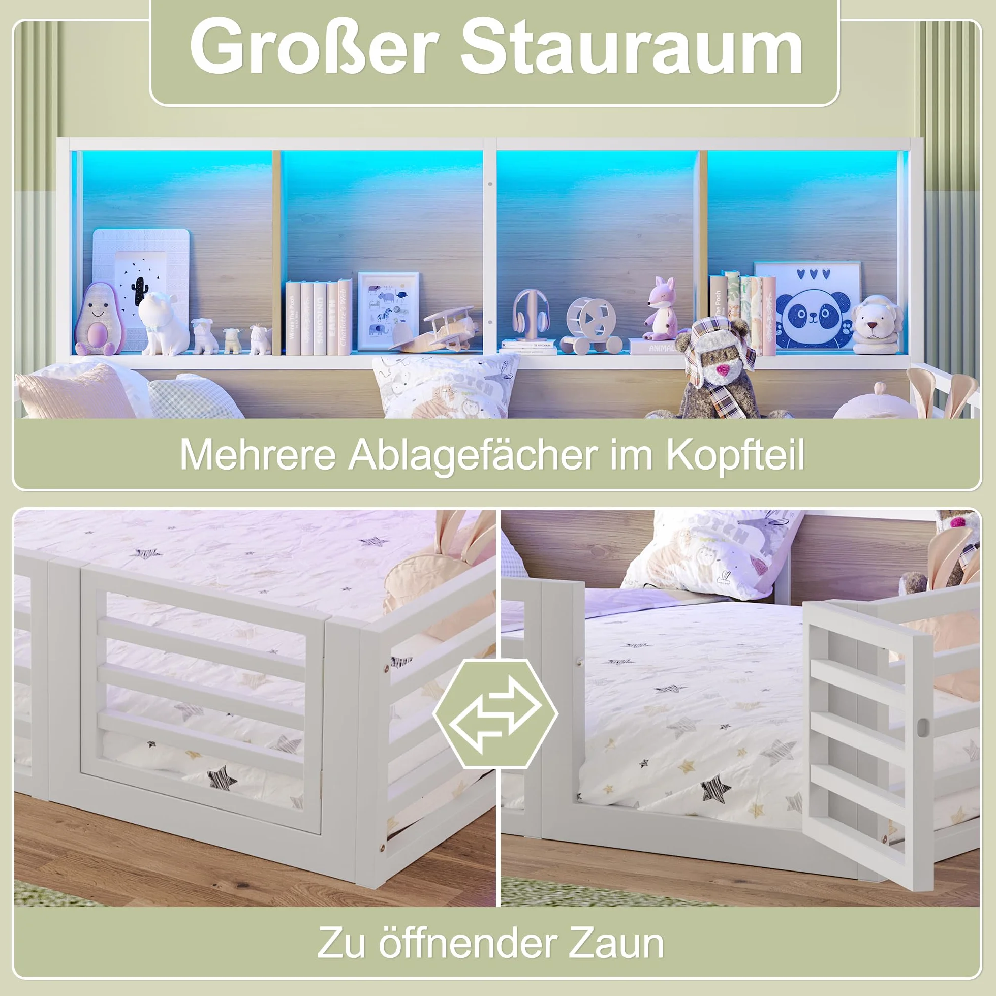 Montessori - Cama infantil (140 x 200 cm, con protección anticaída y somier, cama de casa con 4 compartimentos de almacenamiento, iluminación LED y puerta), color blanco, 140 x 200 cm