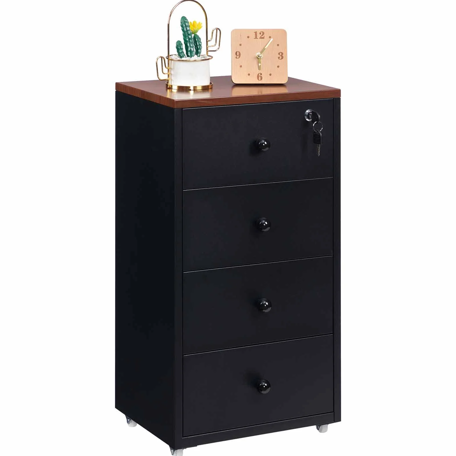 HollyHOME Gabinetes móviles, gabinete con cerradura de 4 cajones, gabinete de almacenamiento de metal con ruedas para oficina en casa en formato carta A4, negro