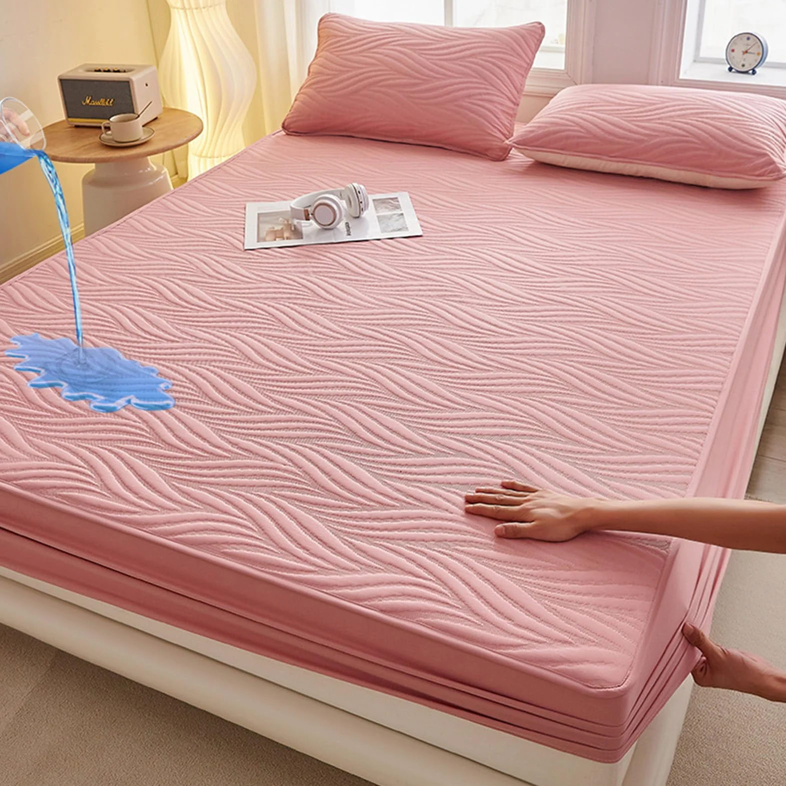 Protector Colchón, Cubre Colchon Impermeable Transpirable, Protector Colchon Impermeable Acolchado, Protector Cama,Rosado,200x200cm