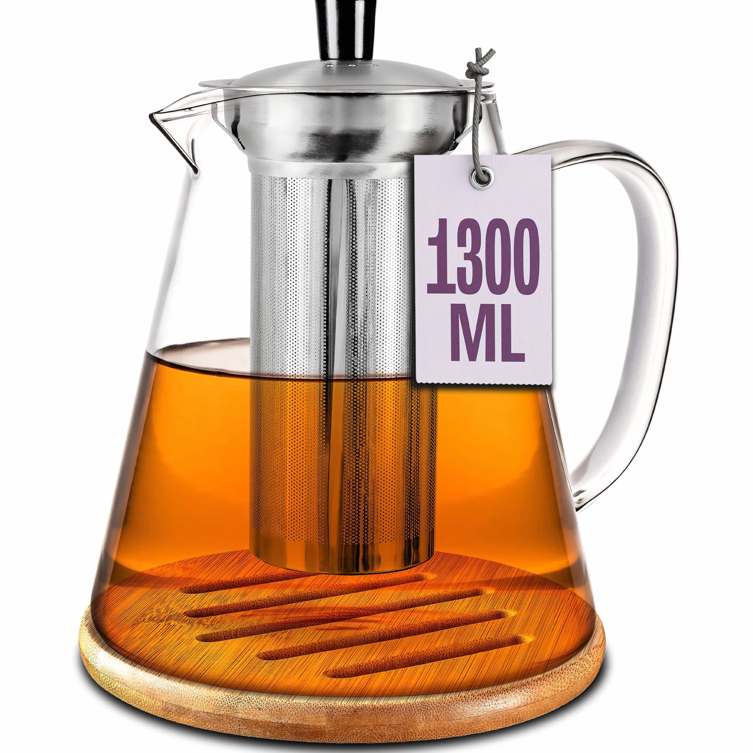 Cosumy Tetera de Cristal con Filtro de Acero Inoxidable - Grande 1,3 L - Con Posavasos de Bambú - Apta para Lavavajillas