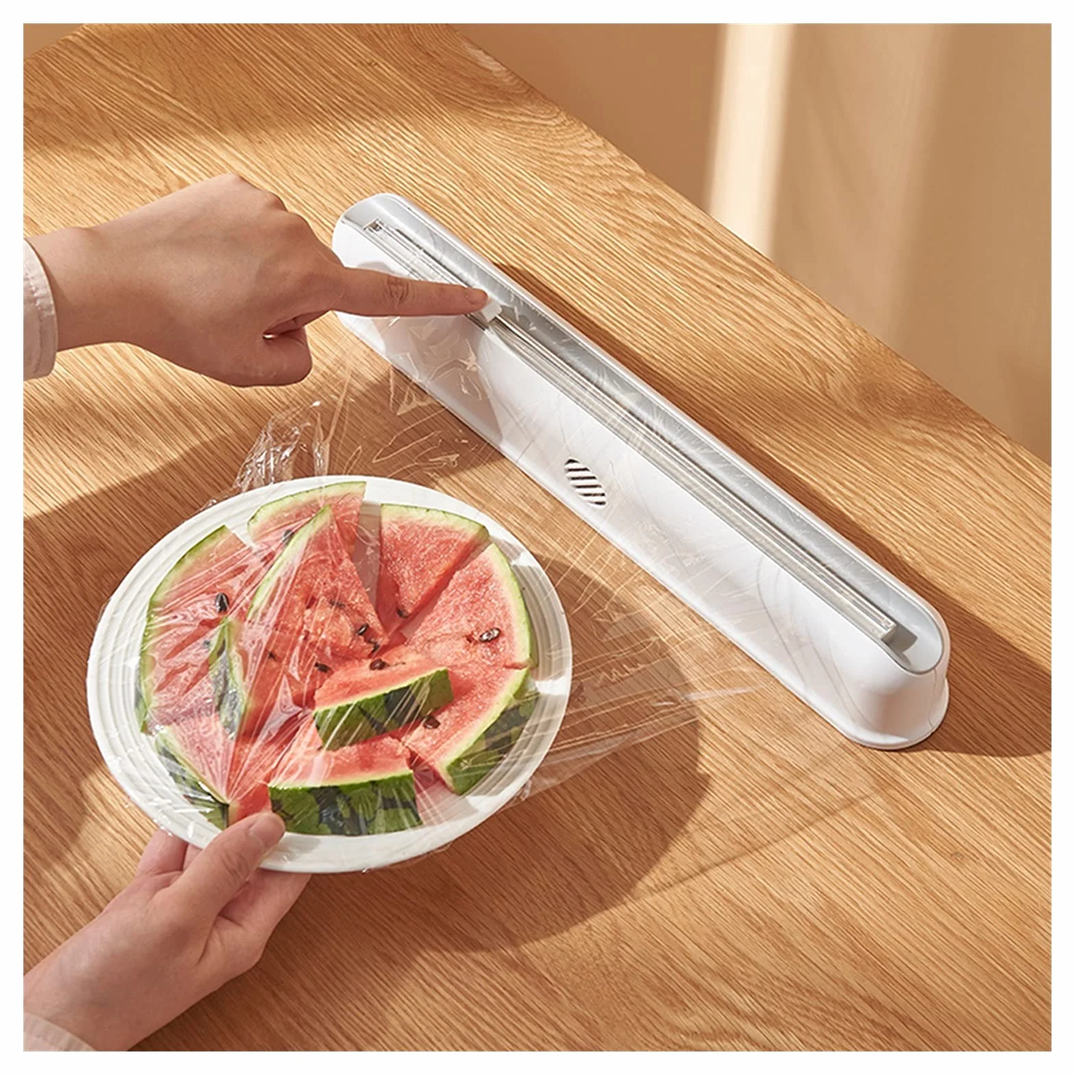 Dispensador y cortador de film transparente + 3 rollos de film plástico, bolsa para conservar la frescura de los alimentos, tapas selladas universales para cocina para cortar platos, cuencos y más