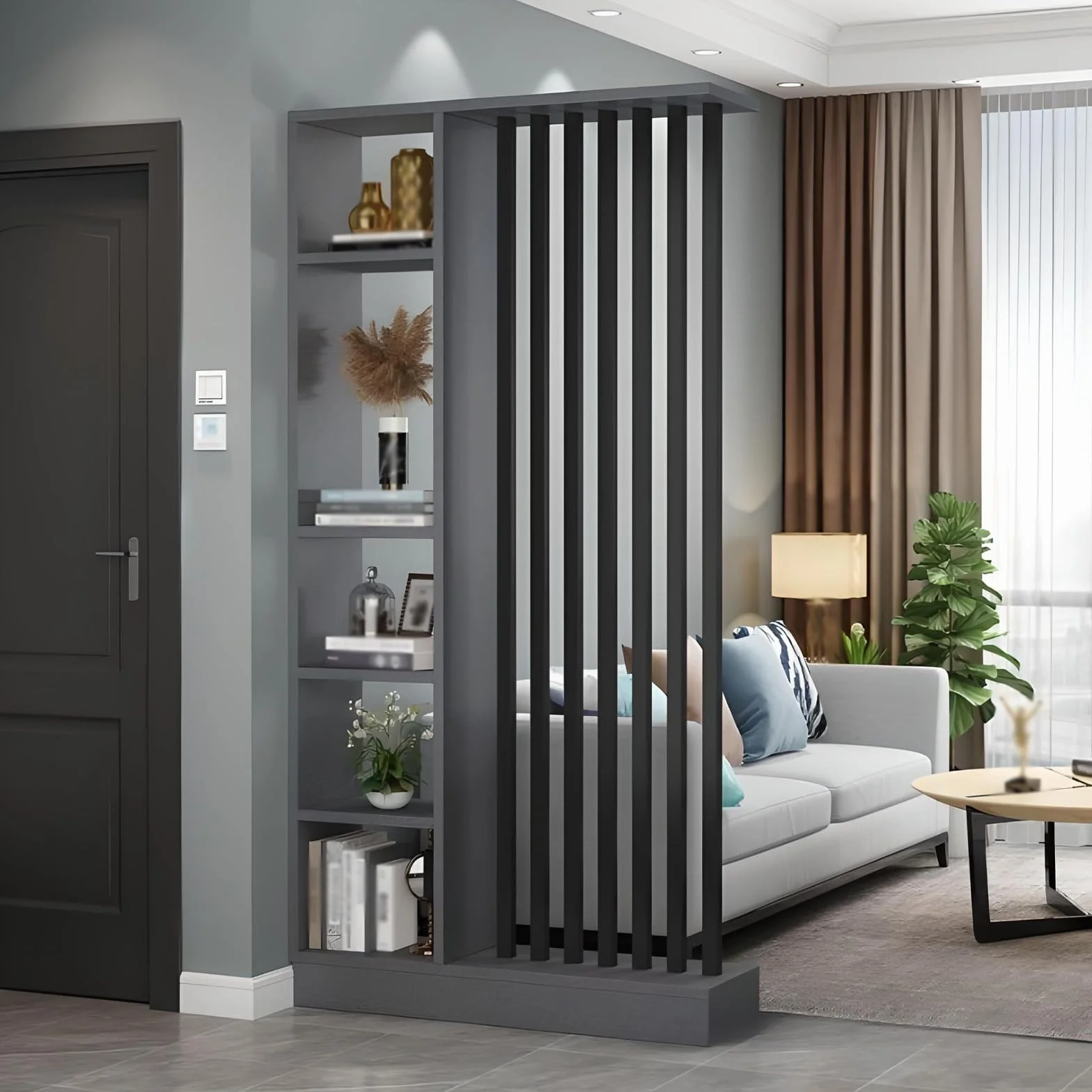 Columna de mampara de partición de Entrada de Piso a Techo - Divisor de Ambiente Independiente con estantes, decoración Independiente de fácil Montaje (A Gray+Black, 100CM/39.4IN)