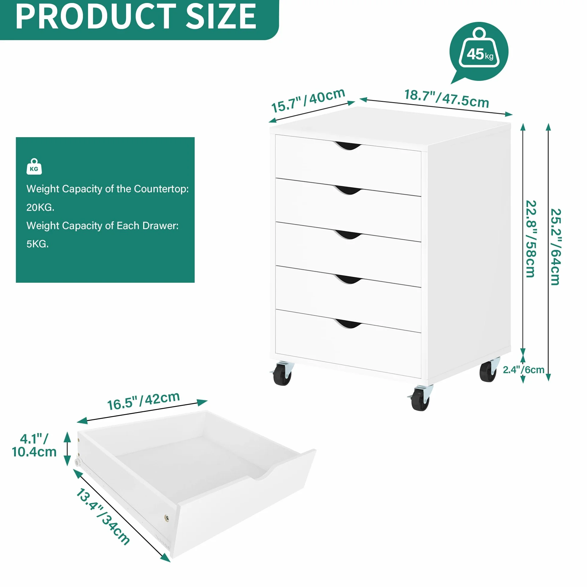 YITAHOME Archivador móvil de 5 cajones, archivador de madera para tamaño A4, documento de tamaño carta, gabinete de almacenamiento debajo del escritorio, archivador vertical portátil, blanco