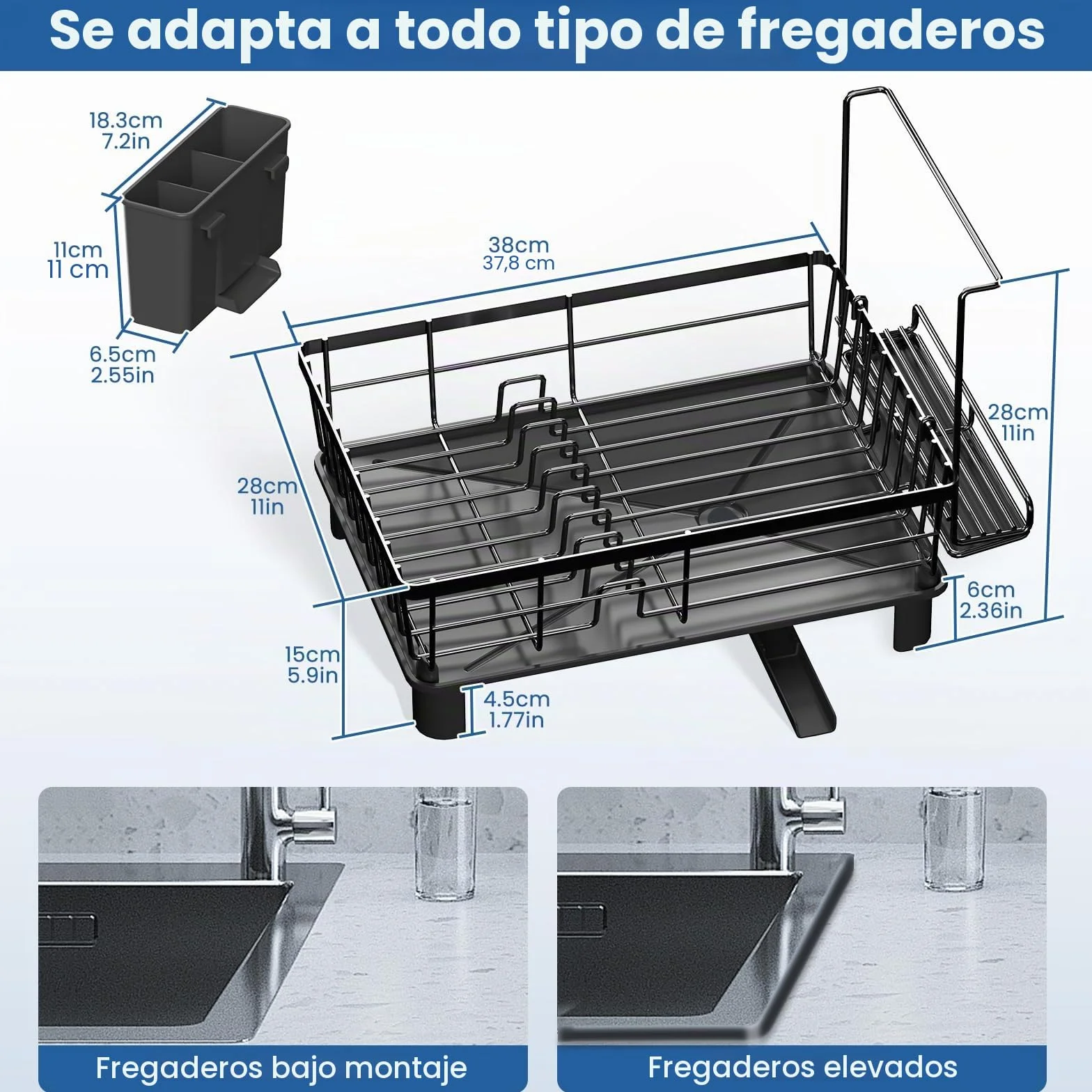 Escurridor de Platos Giratorio 360° con Drenaje Automático Extensible, Organizador de Cocina Ahorra Espacio, Negro