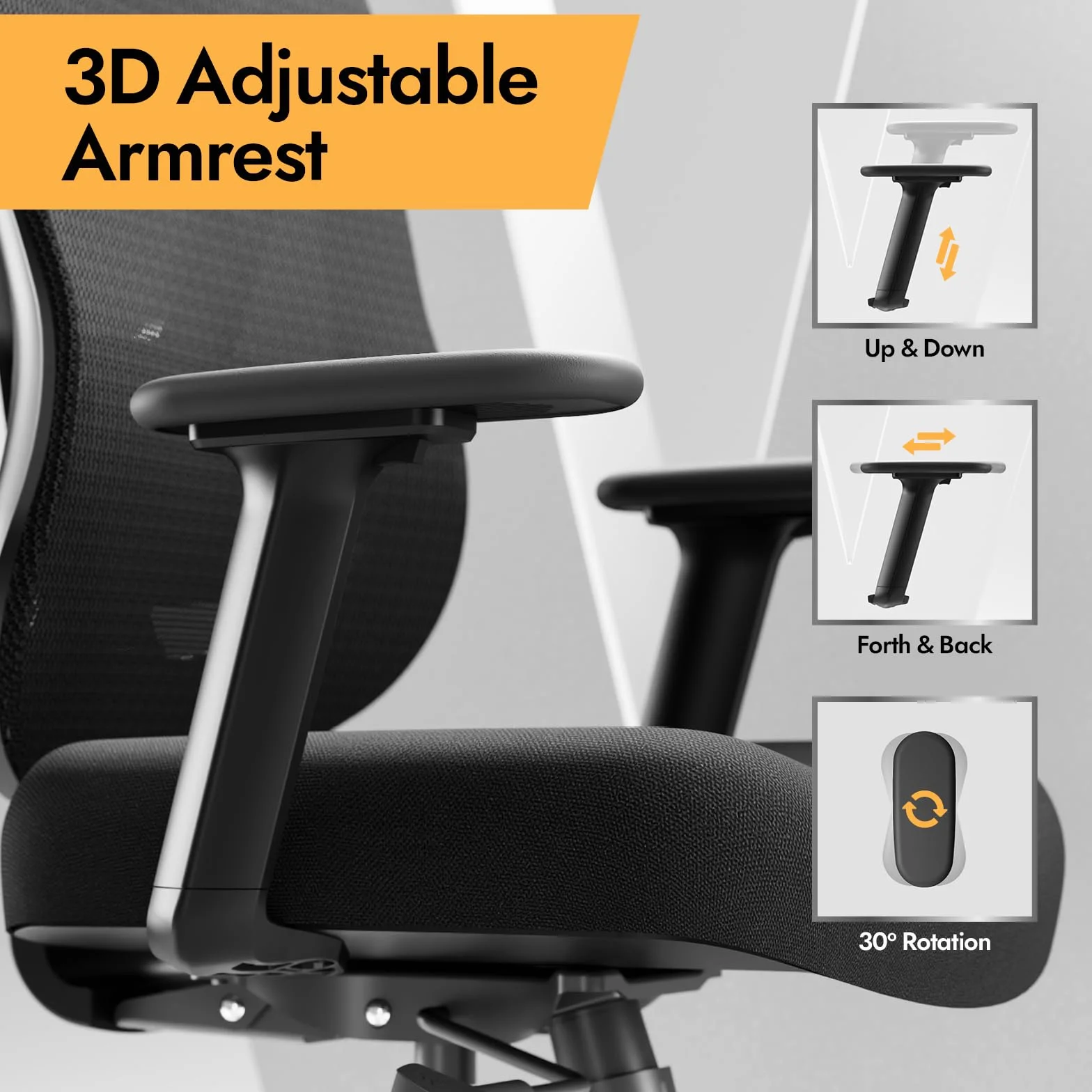 Silla de Oficina Ergonómica HOLLUDLE con Soporte Lumbar 3D y Reposabrazos Ajustables, Negra