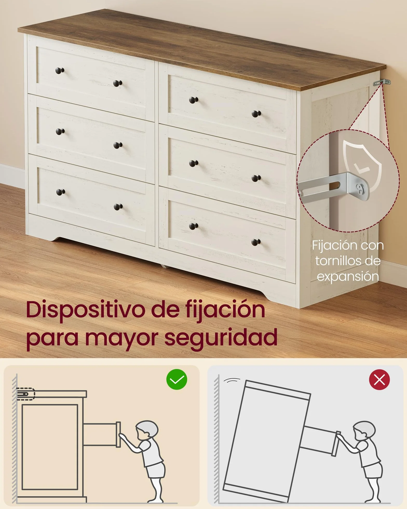 VASAGLE Siren Colección - Cajonera, Cómoda con Cajones, Estilo Rústico, Organizador Versátil, 6 Cajones, 40 x 120 x 78 cm, Blanco Rústico y Marrón Miel LTS663WJ01