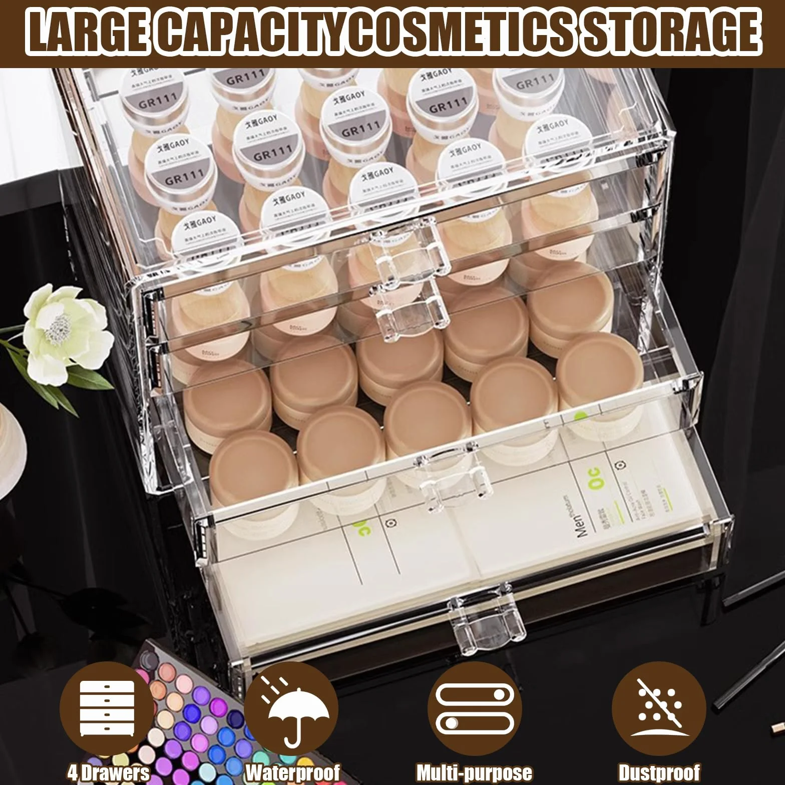 Organizador de Maquillaje Cosméticos Caja Grande 4 Cajones,Acrílico Transparente (4 Cajones)