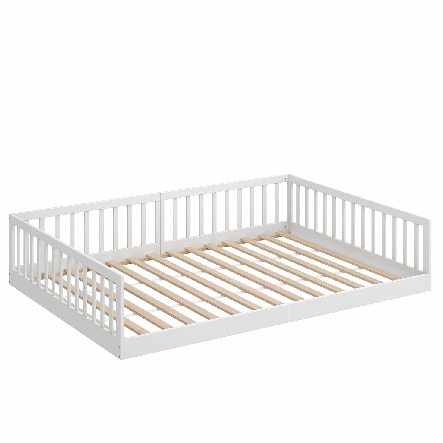 CADANI Timi 2en1 Cama Infantil al RAS del Suelo 120x200 cm Montessori con Barrera anticaída Desmontable, Incluye somier, Pino Macizo, Blanco - 3 Variantes de Montaje, hasta 200 kg, Convertible
