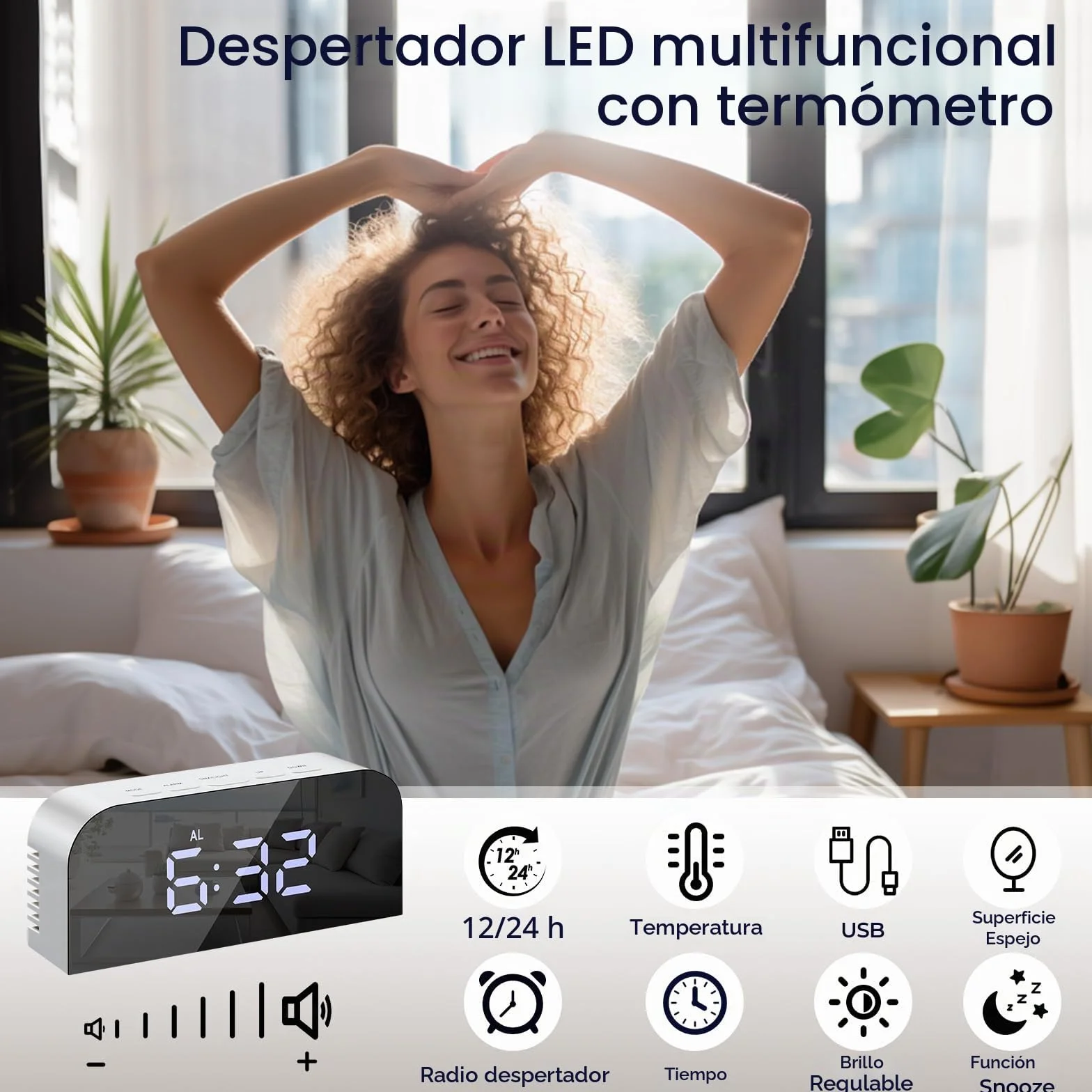 Vinabo Despertador Digital para mesilla de Noche con 2 Puertos USB de Carga, Reloj de Mesa con 2 Niveles de luminosidad para Dormitorio