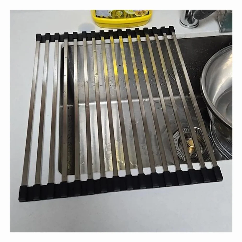 Escurridor de platos enrollable para colocar sobre el fregadero, de 12,6 a 23,6 pulgadas, de acero inoxidable, para cocina, con alfombrilla escurridora de platos enrollable plegable antideslizante de