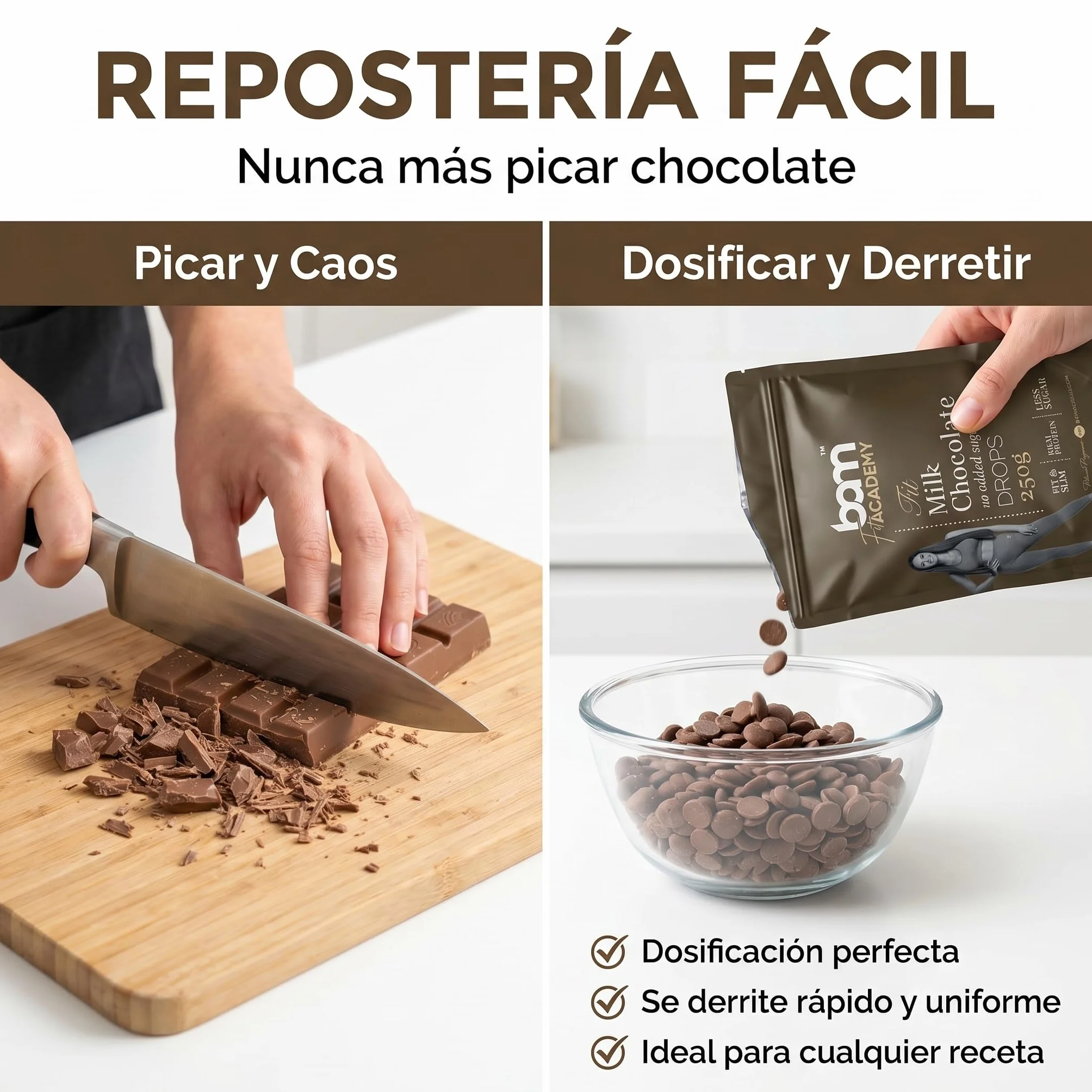 BAM Pepitas de Chocolate con Leche sin Azúcar Añadido 250 g Chocolate para Fundir 31.5% Cacao