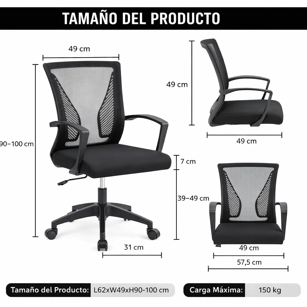 Silla de Oficina Ergonómica con Ruedas Giratorias y Soporte Lumbar, Respaldo de Malla Transpirable, 150kg