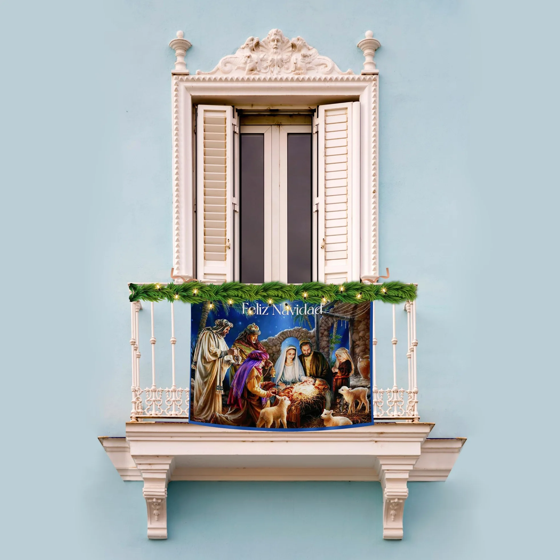 Balconera Navidad El niño Dios ha nacido Decoración navideña colgadura religiosa niño Jesús tela 100x70 cm