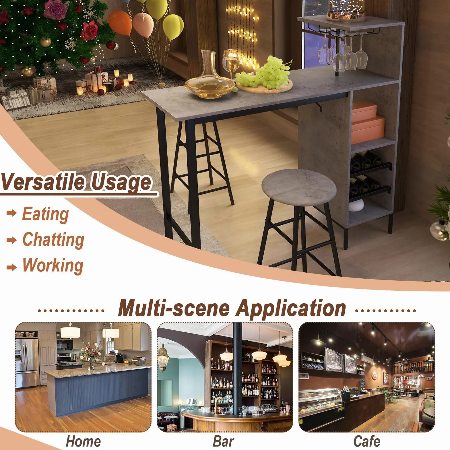 LIFEZEAL Juego de Comedor con 2 taburetes de Bar, Barra de Cocina con 2 sillas Altas, Mesa de Bar con peldaños Abiertos, botellero para Copas de Vino, para Cocina, salón y Bar (Gris)