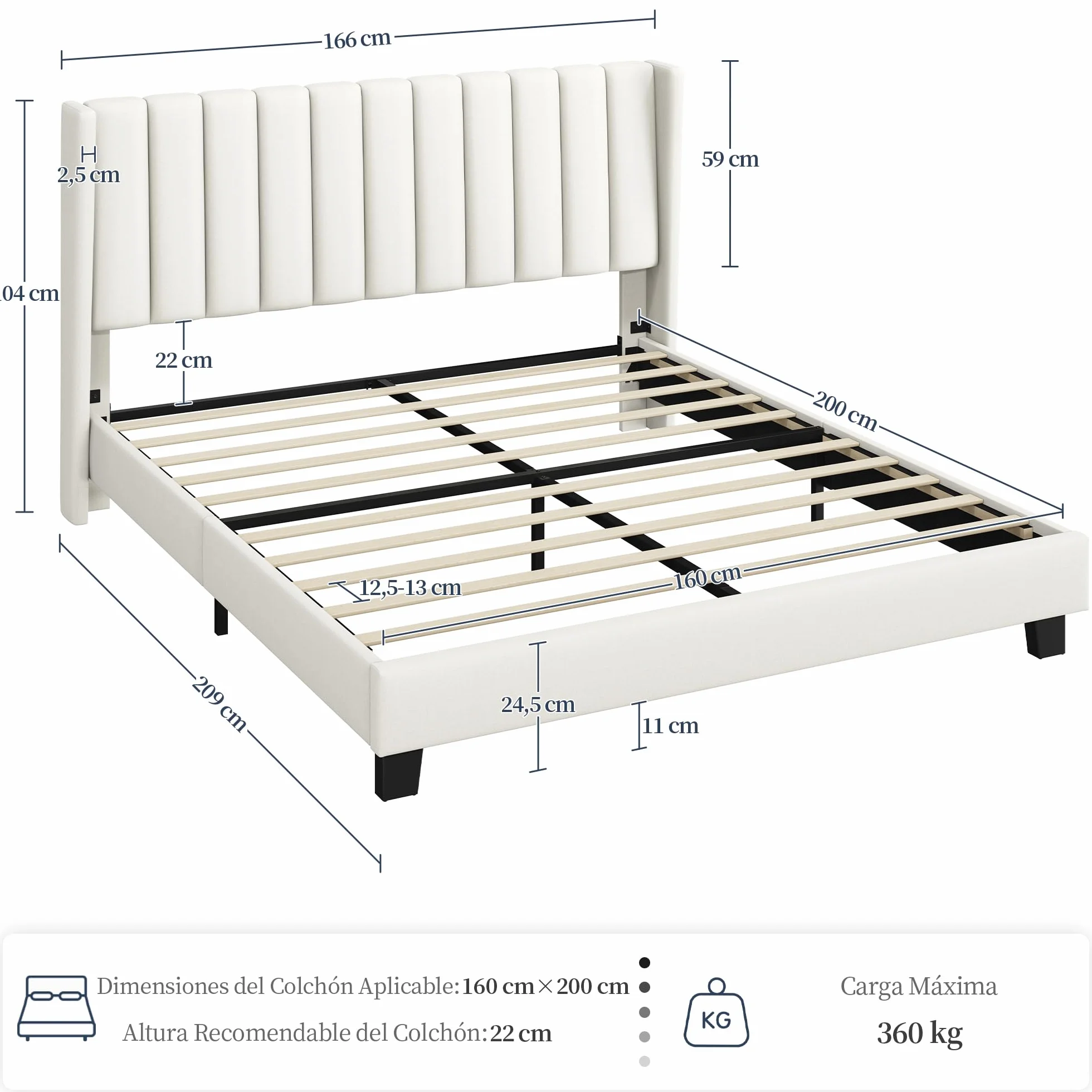Cama tapizada 160 x 200 cm Cabecero a Rayas con Alas Láminas de Madera y Metal Beige