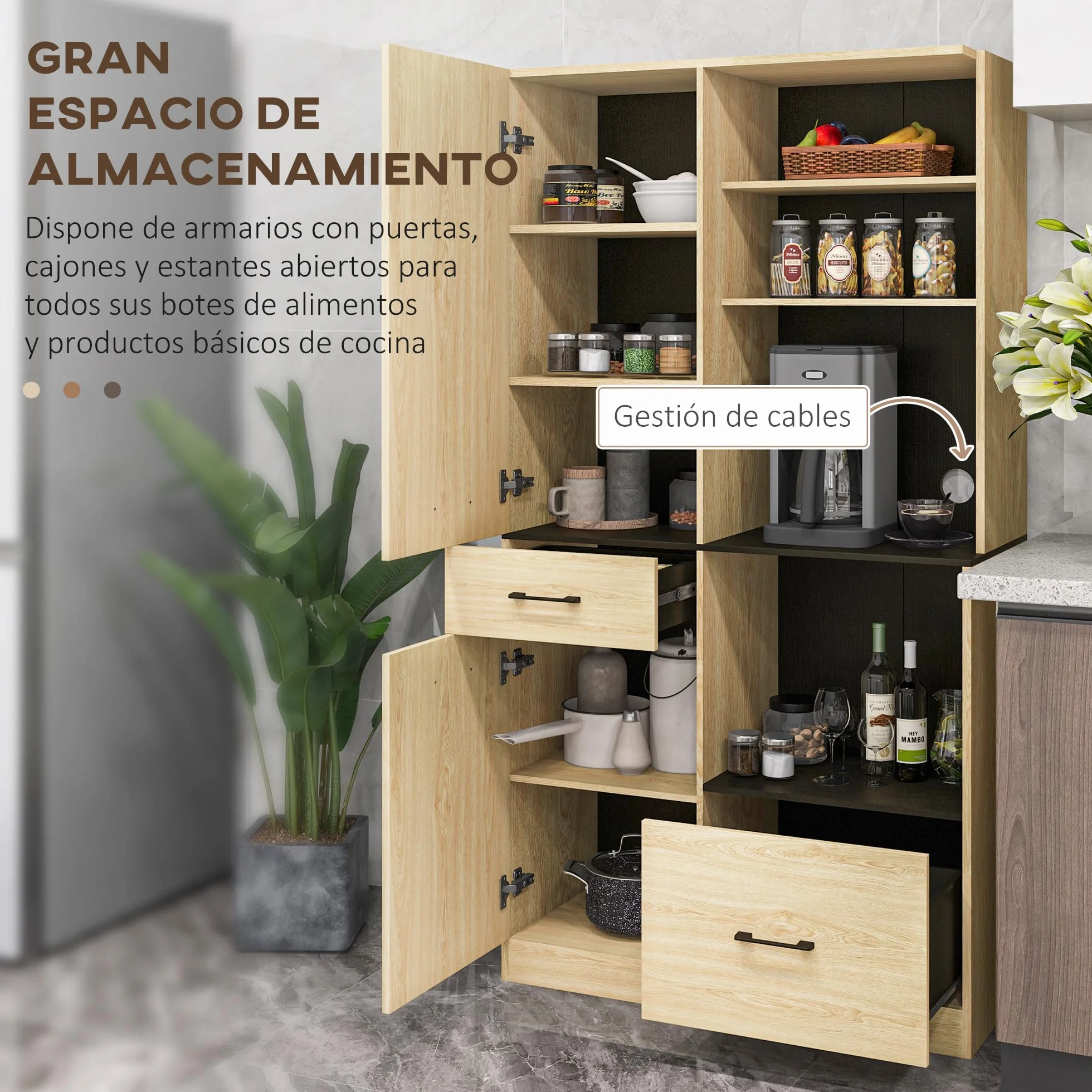HOMCOM Alacena Moderno de Cocina con 2 Cajones, 2 Armarios y 4 Estantes Abiertos - Mueble Buffet para Comedor y Salón - 90x40x170 cm - Roble y Negro