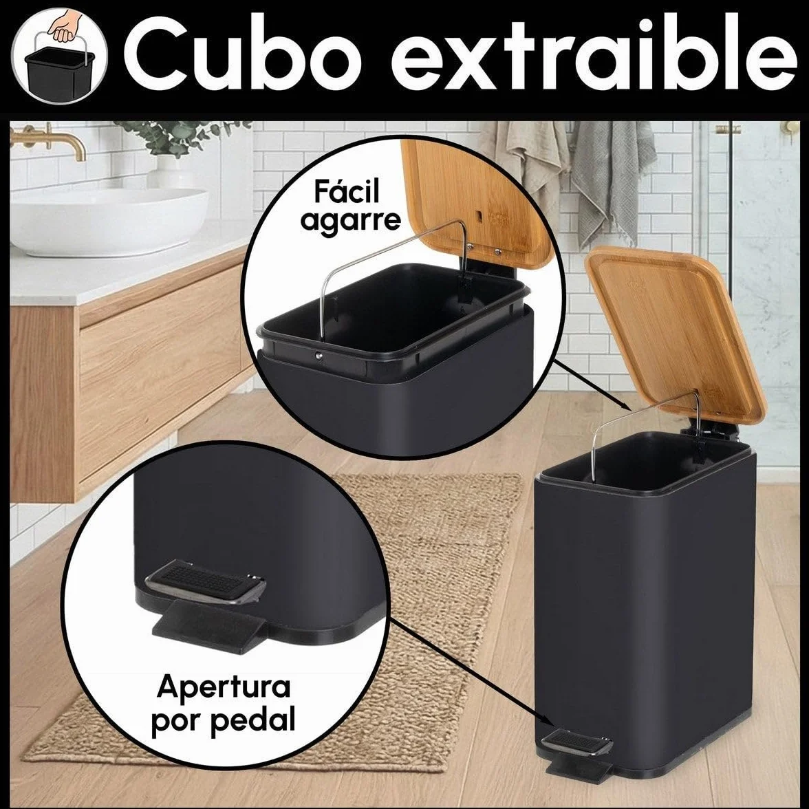 Papelera de pedal rectangular de 5 litros con acabado mate. Tapa de bambú y cuerpo de metal negro. Cubo interior de polipropileno extraíble con asa. Medidas: 25x14x27 cm