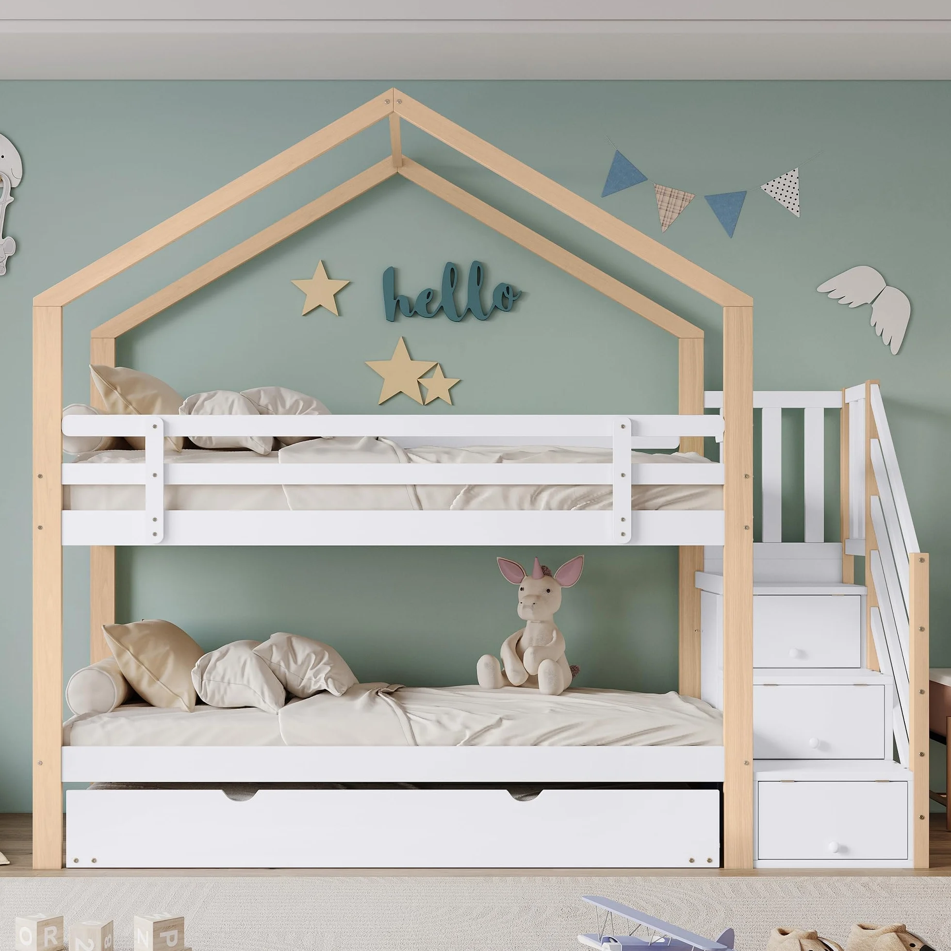 LAKFEW Litera de 90x200 con Cama Nido 90x190 cm, Cama Infantil con Escalera de Almacenaje y Protección Anticaída, Litera Infantil, Camas Infantiles de Madera para 3 Personas, Natur+Blanco, Sin Colchon