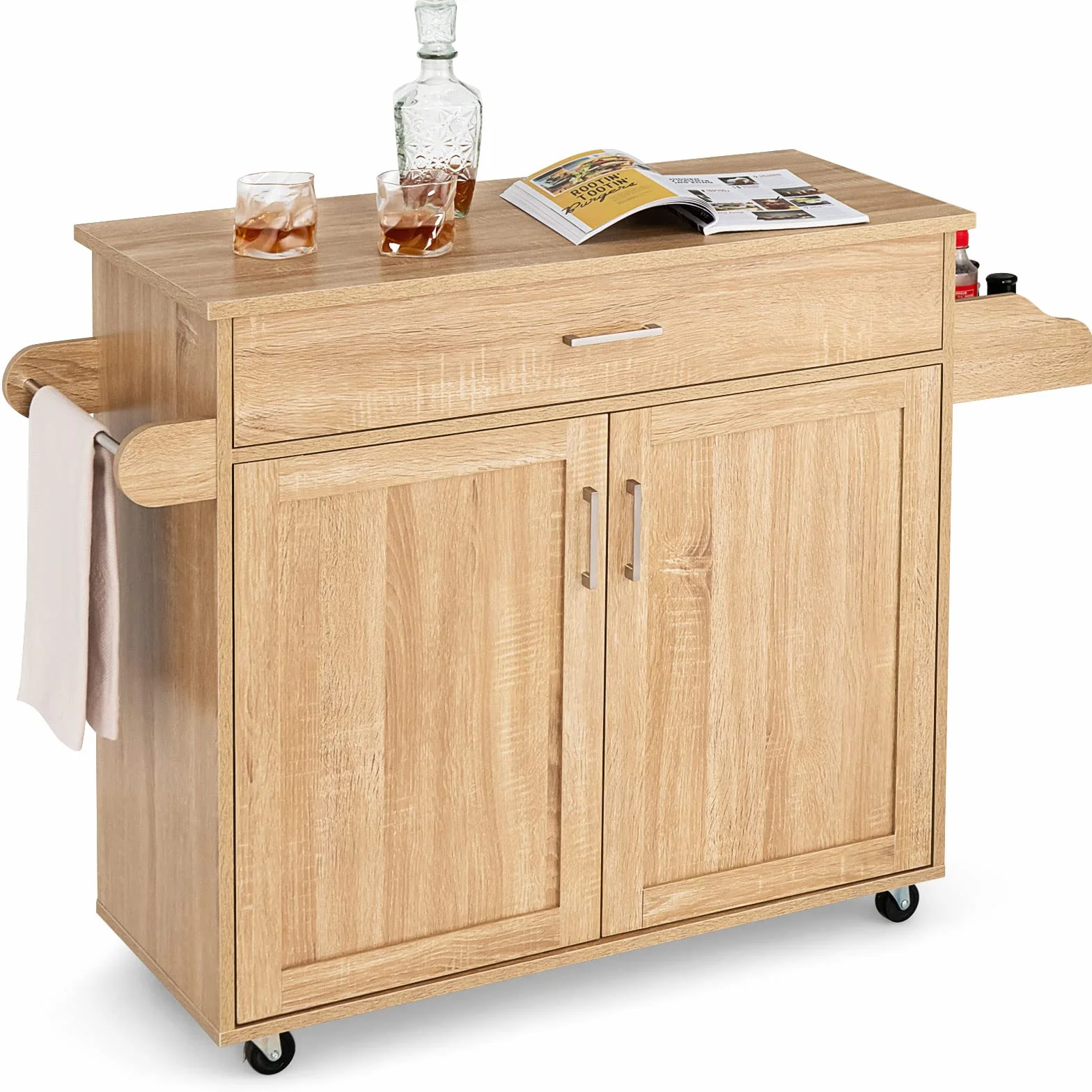 GOPLUS Carro de Cocina, Isla de Cocina con Servicio Multifuncional, Armario de Cocina con Toallero y Estante para Especias, 116 cm x 40 cm x 85 cm (Natural)