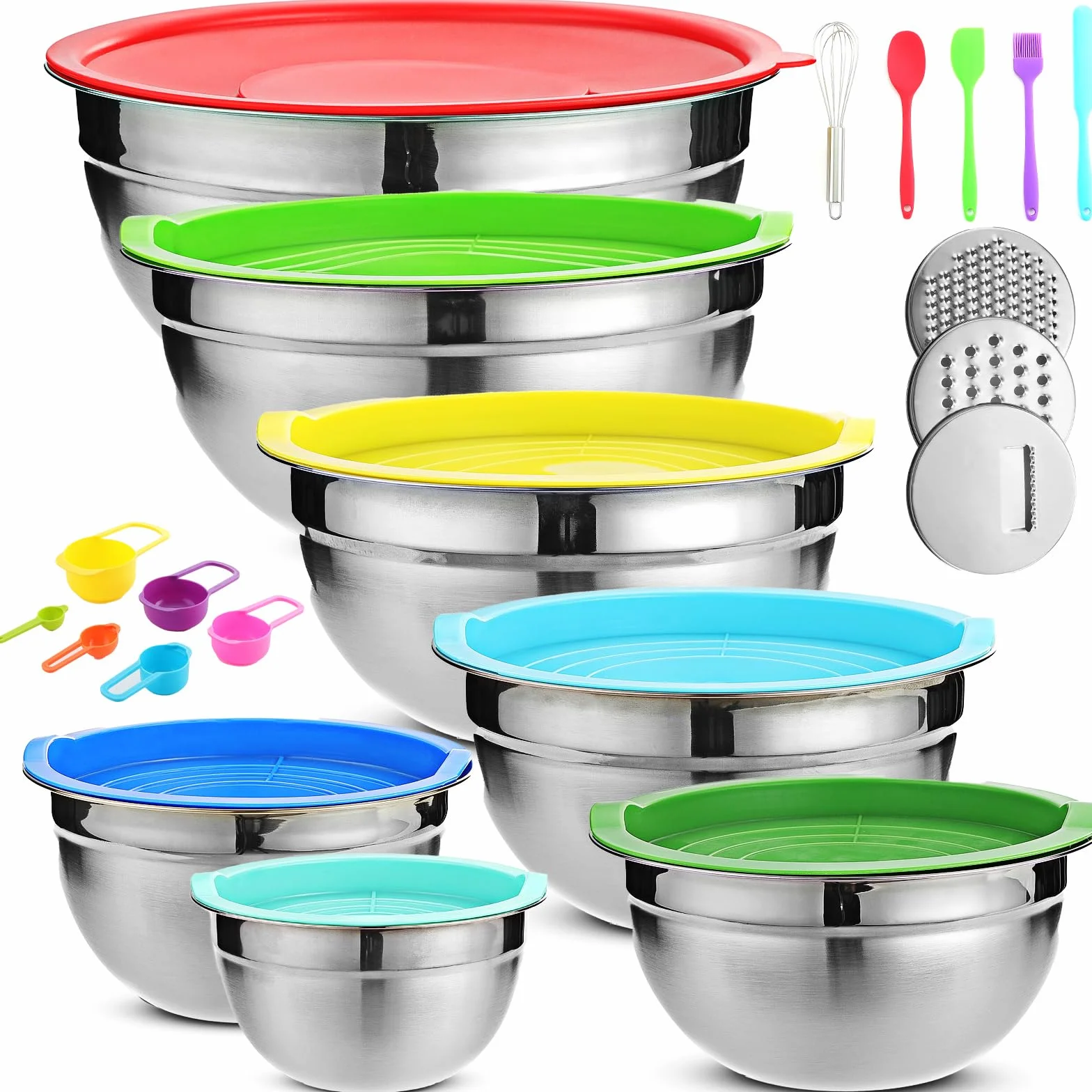 Juego de cuencos para mezclar con tapas, 7 cuencos para hornear, cocinar, preparar y almacenar alimentos, cuencos de acero inoxidable multicolor, incluye tazas medidoras, cuchara, cepillo y otras 11