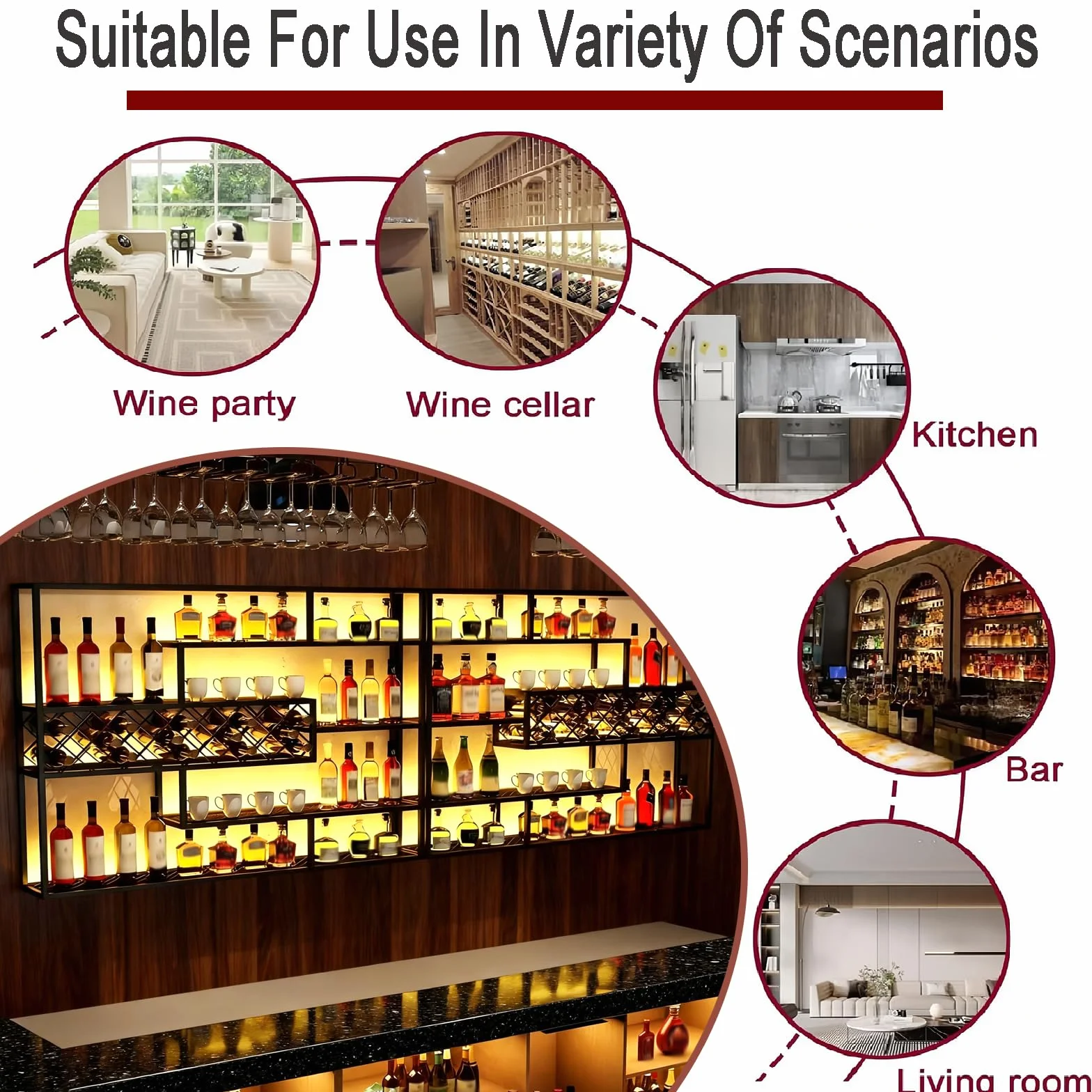 200CM Estantería de Vino de Pared con Luz LED, Metálica 4 Niveles Estilo Industrial Colgante para Botellas y Copas, Decoración para Bar en Casa y Comedor (Negro)
