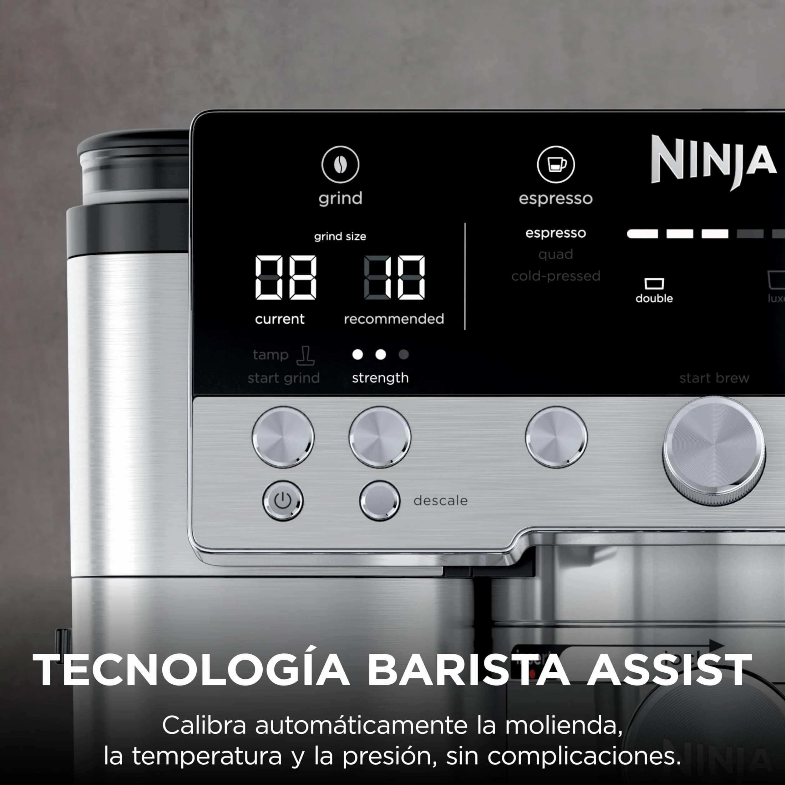 Ninja Luxe Premier Cafetera 3 en 1 Espresso Cold Brew Café Filtro Molinillo Espumador 25 Ajustes Molienda Plata ES601EU