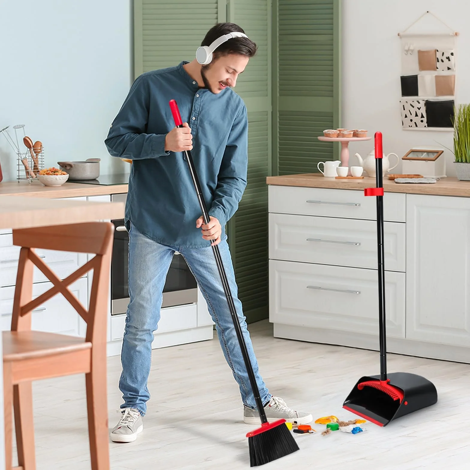 TreeLen Broom and Dustpan Set for Home, Upright Sweep Combo