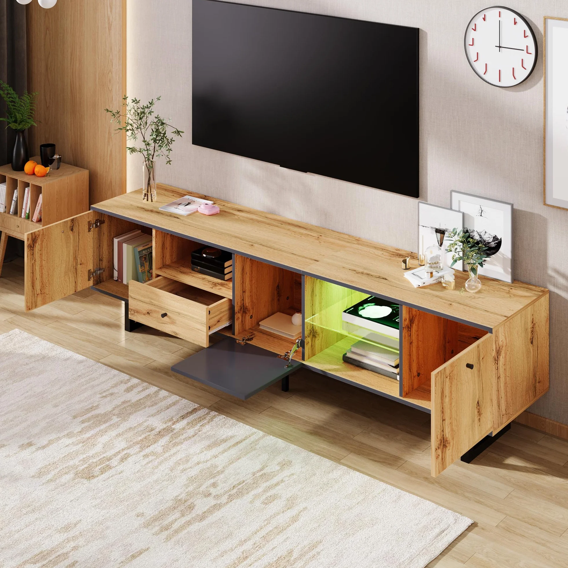 LAKFEW Mueble TV Salon de hasta 80 Pulgadas, Muebles TV con Iluminación LED y 3 Puertas, Muebles de Salon con 1 Cajón y 3 Compartimentos, Mueble Television, 190x40x50 cm, Natural