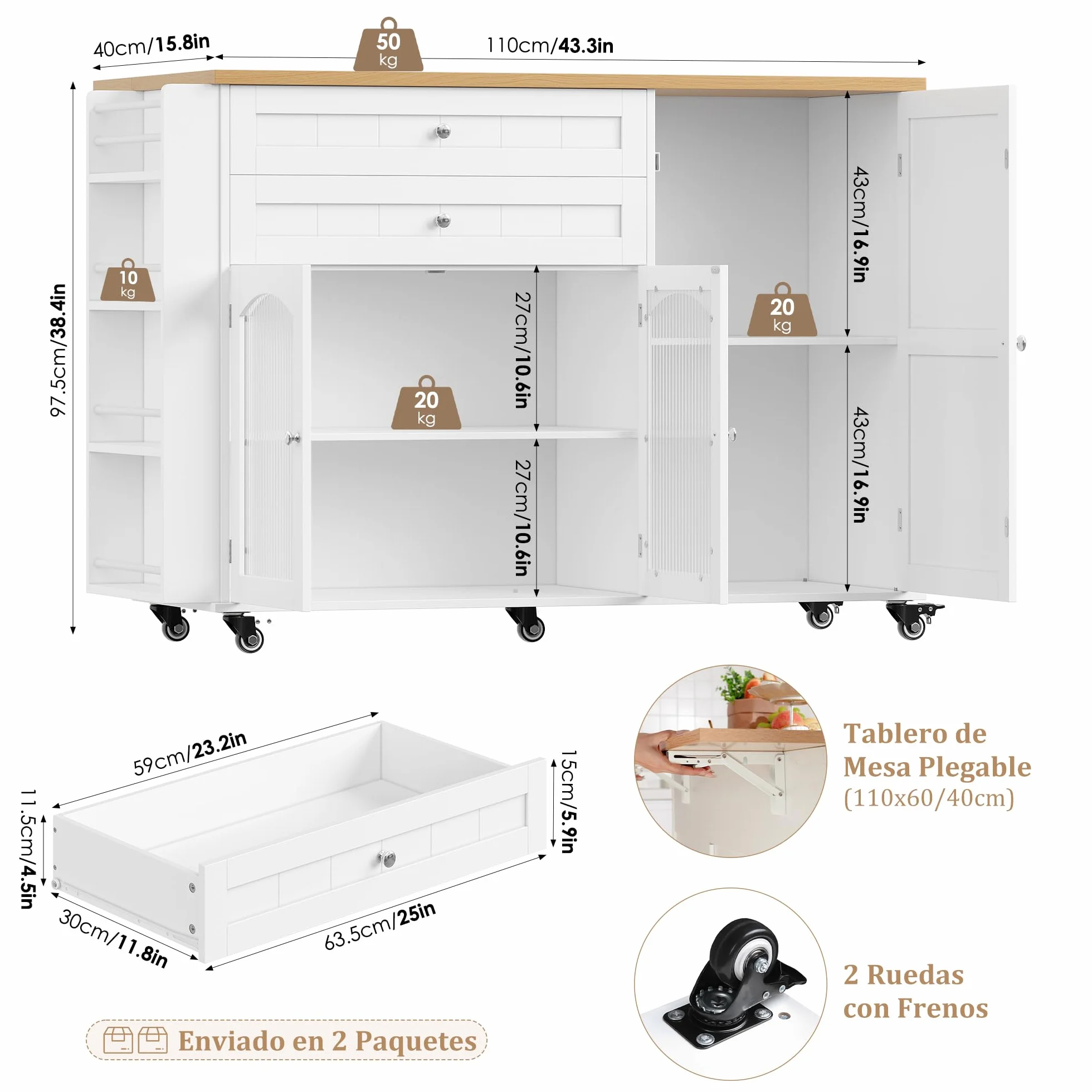 FirFurd Isla Cocina con Ruedas, Isla de Cocina con Barra, Mueble Cocina Auxiliar, con Mesa Plegable, con 5 Ruedas, 2 Cajones y 3 Puertas, Especiero y Toallero (Blanco)