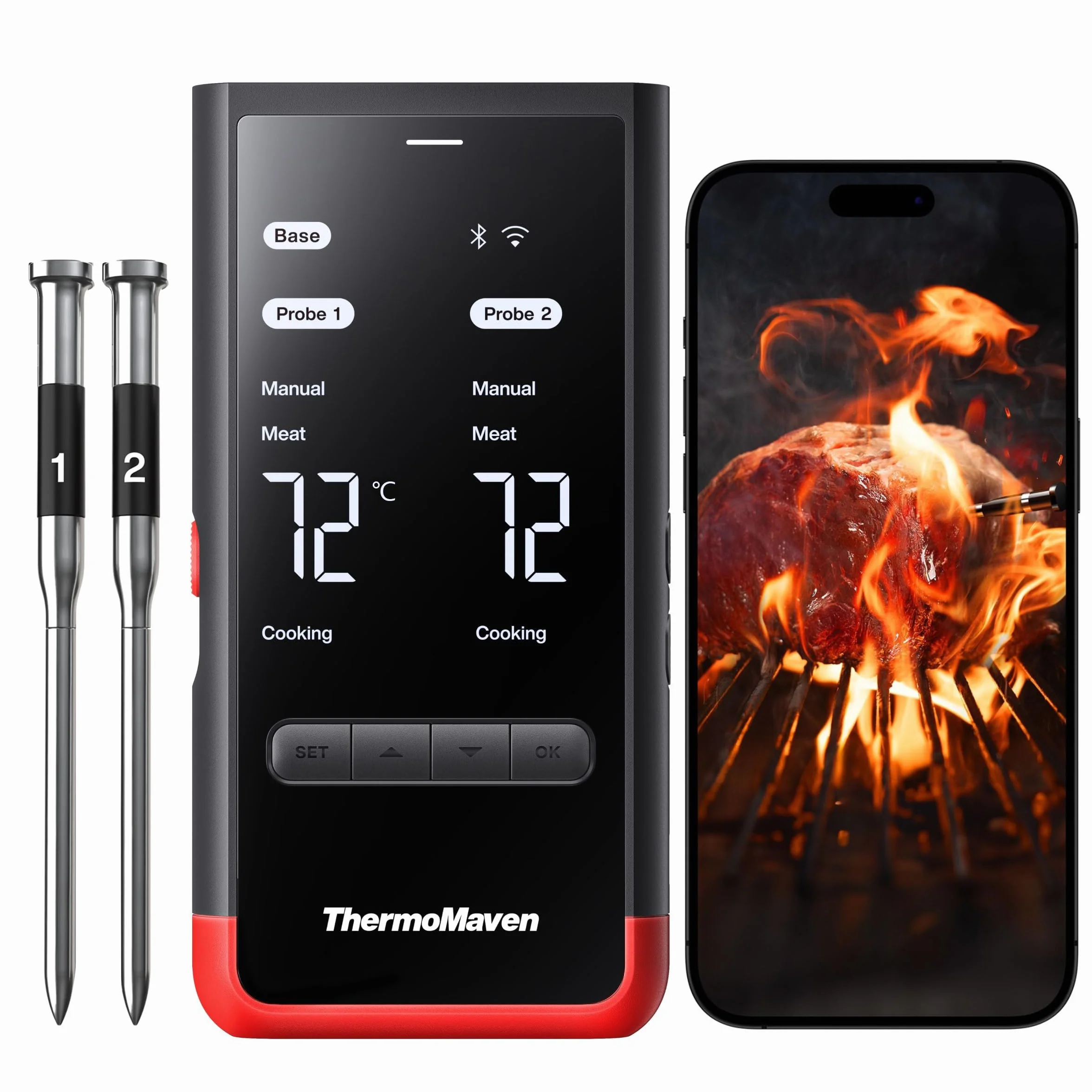 ThermoMaven P2 Termómetro de Carne Inalámbrico con WiFi y Bluetooth 5.3, 2 Sondas con 6 Sensores, Precisión ±0,3 °C, IPX8 Impermeable, Control por App, NIST y NSF, para BBQ, Horno y Ahumador, Parrilla