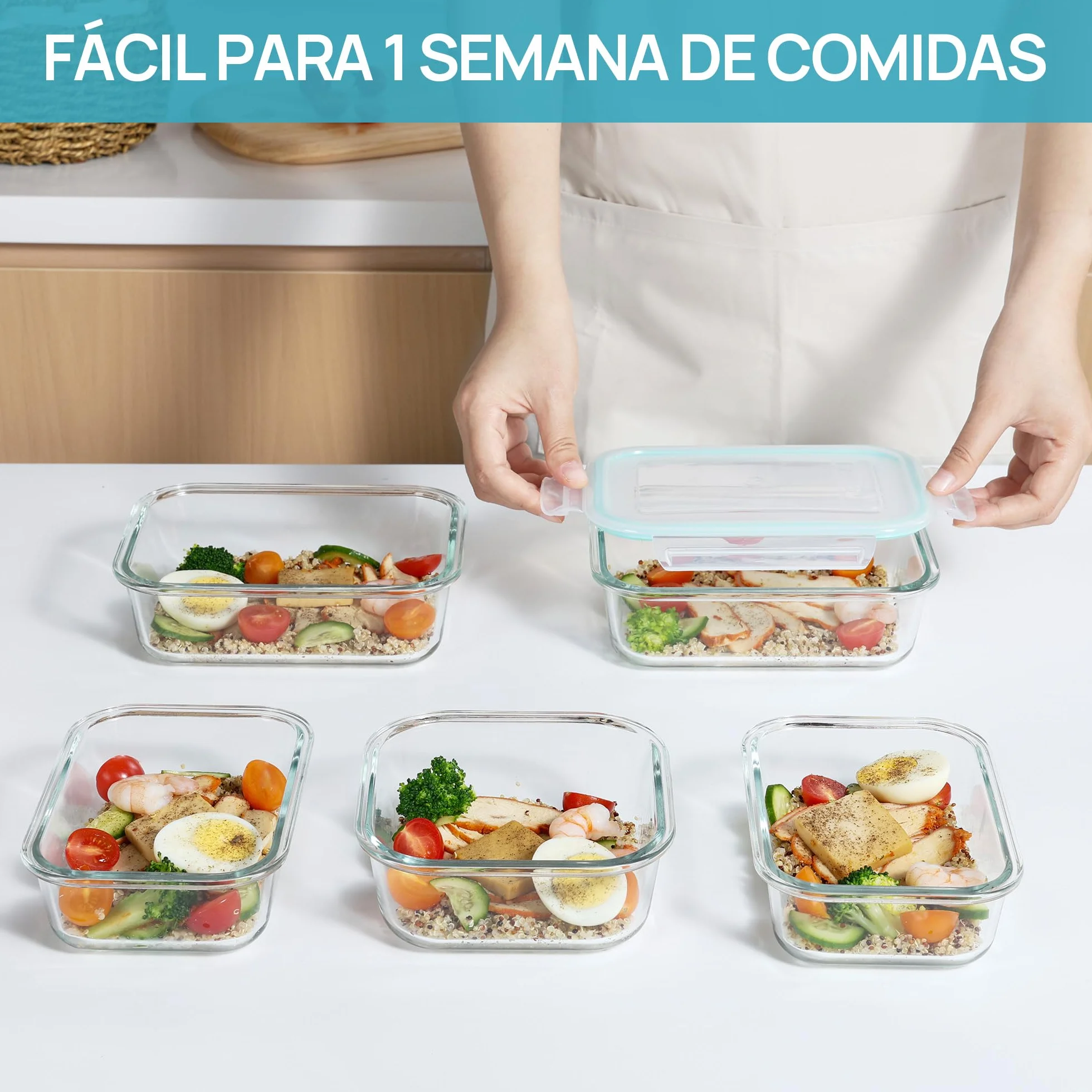 Vtopmart Set de 8 Recipientes de Cristal para Alimentos, Herméticos, Apto Lavavajillas y Microondas