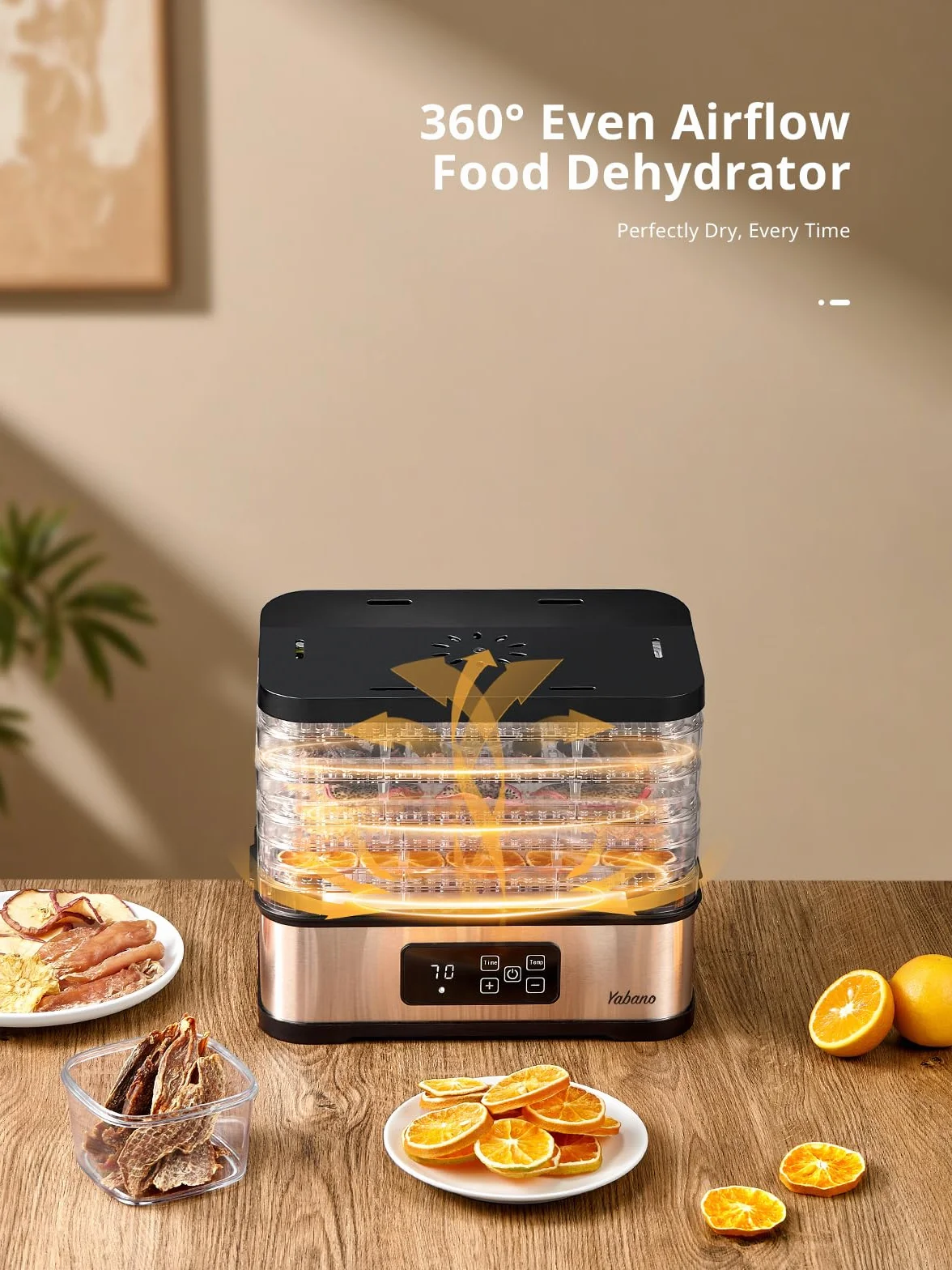 Deshidratador de Alimentos 5 Bandejas, Temperatura 35-70°C, Temporizador 72h, Libre de BPA