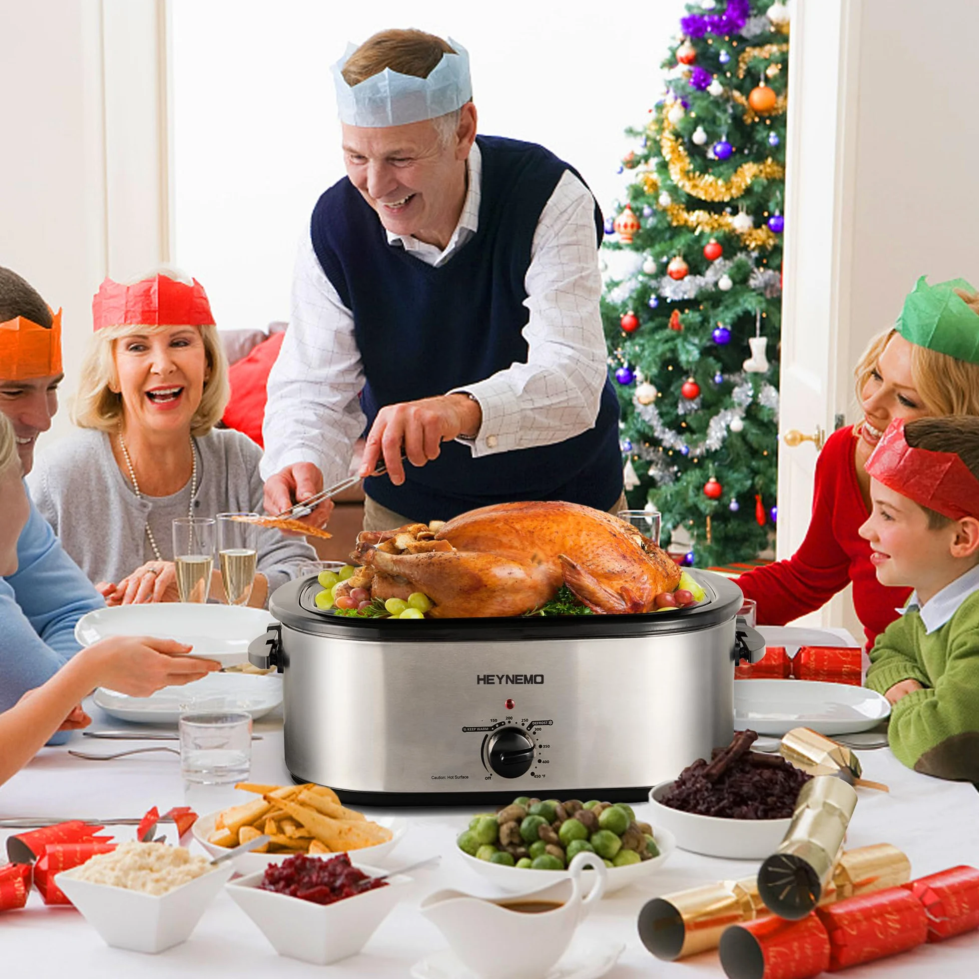Horno asador eléctrico de 22 cuartos de galón, tostador de pavo con diseño de tapa autoservicio, horno asador eléctrico grande de acero inoxidable para pavos de hasta 26 libras