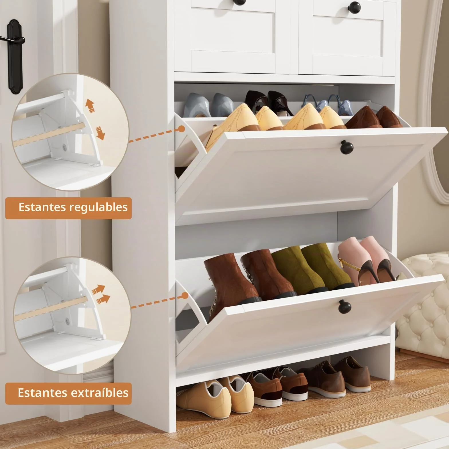 VOWNER Zapatero Estrecho, 2 Puertas, Zapatero Entrada Recibidor, 80 x 24 x 110 cm (Largo x Ancho x Alto), para Entrada Estrecha, Pasillo (Blanco)