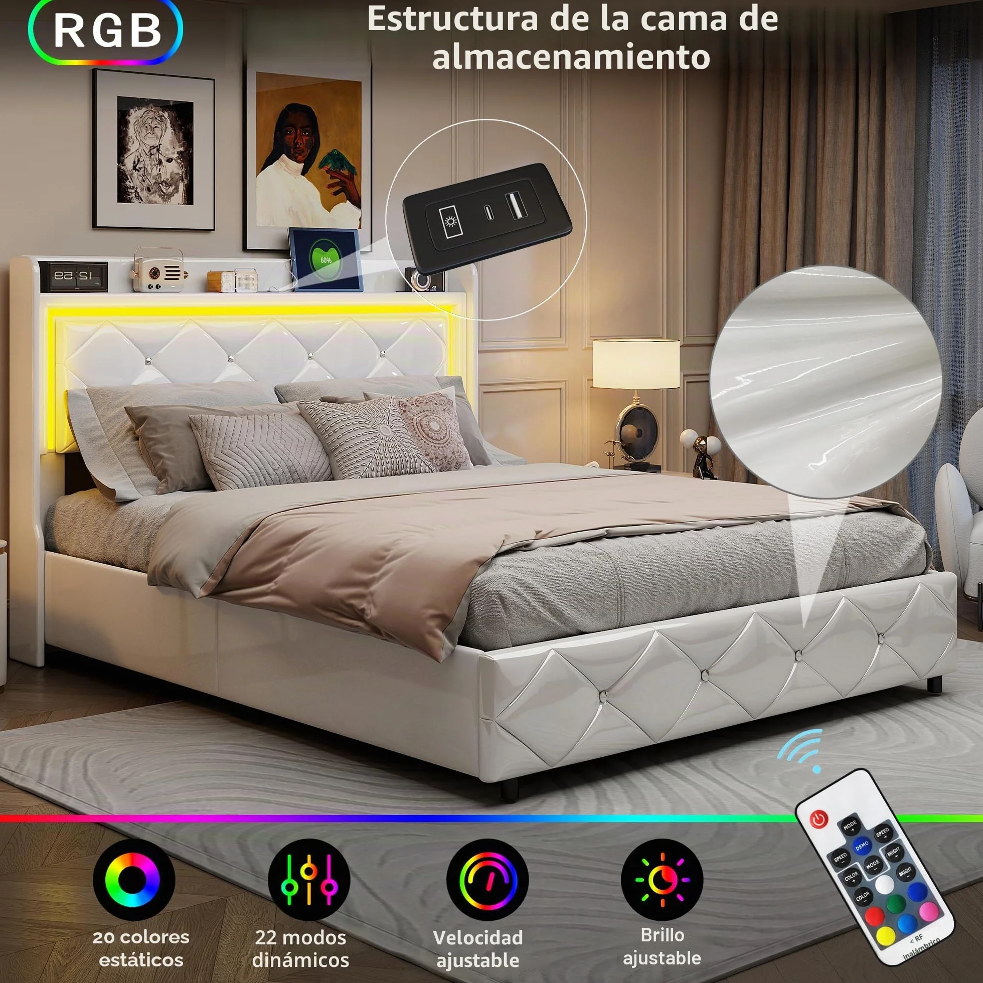 BRILVERDE Cama tapizada 140x200 cm, Cama Doble con iluminación LED, cabecero con Compartimentos de Almacenamiento y función de Carga USB, Base con somier, Cama de Dormitorio, PU, ​​Blanco