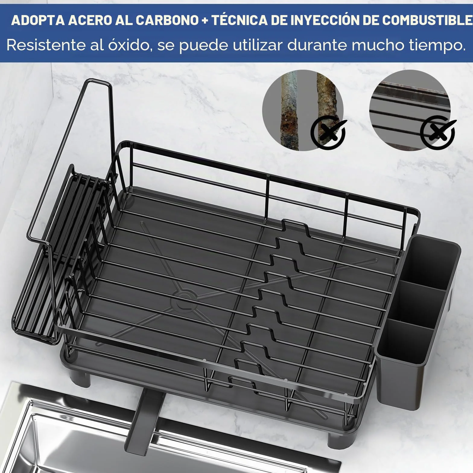 Escurridor de Platos Giratorio 360° con Drenaje Automático Extensible, Organizador de Cocina Ahorra Espacio, Negro