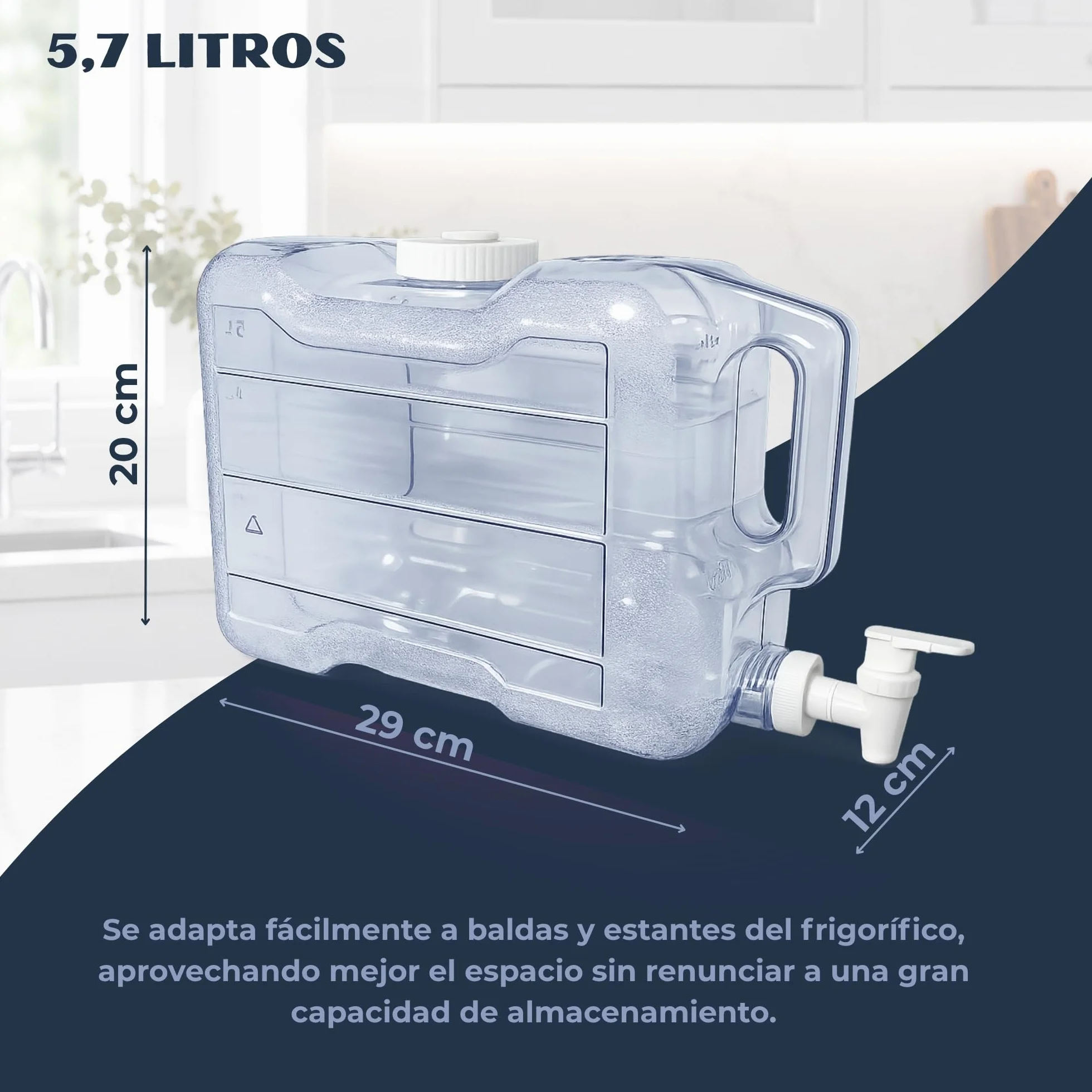 Dispensador de Agua Fria para Nevera, Dispensador de Bebidas de plástico, Ergonómico con asa, Plástico PETG Libre de Fugas, Libre BPA, Dimensiones 29 cm Largo x 20cm Alto x 12 cm Ancho, 5.7 litros