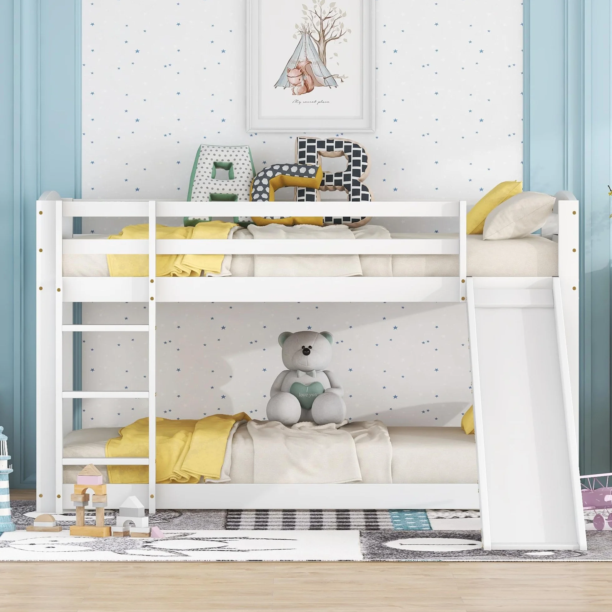 Azkoeesy Litera Infantil de 90 x 200 cm con tobogán y somier, con protección anticaída, Cama Individual, Cama para Adolescentes, Madera de Pino, Color Blanco.