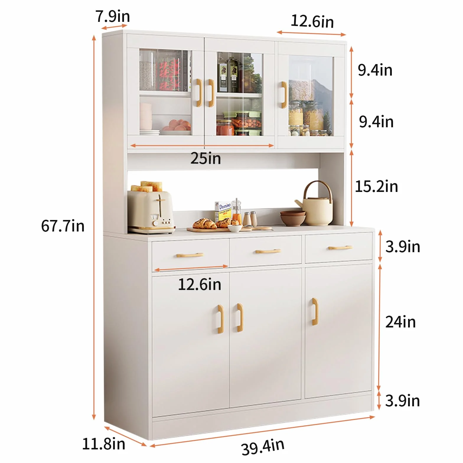 Armario de cocina, armario de 170 cm, armario alto de madera, armario multiusos con cajones y puerta de cristal, armario abierto con encimera, color blanco